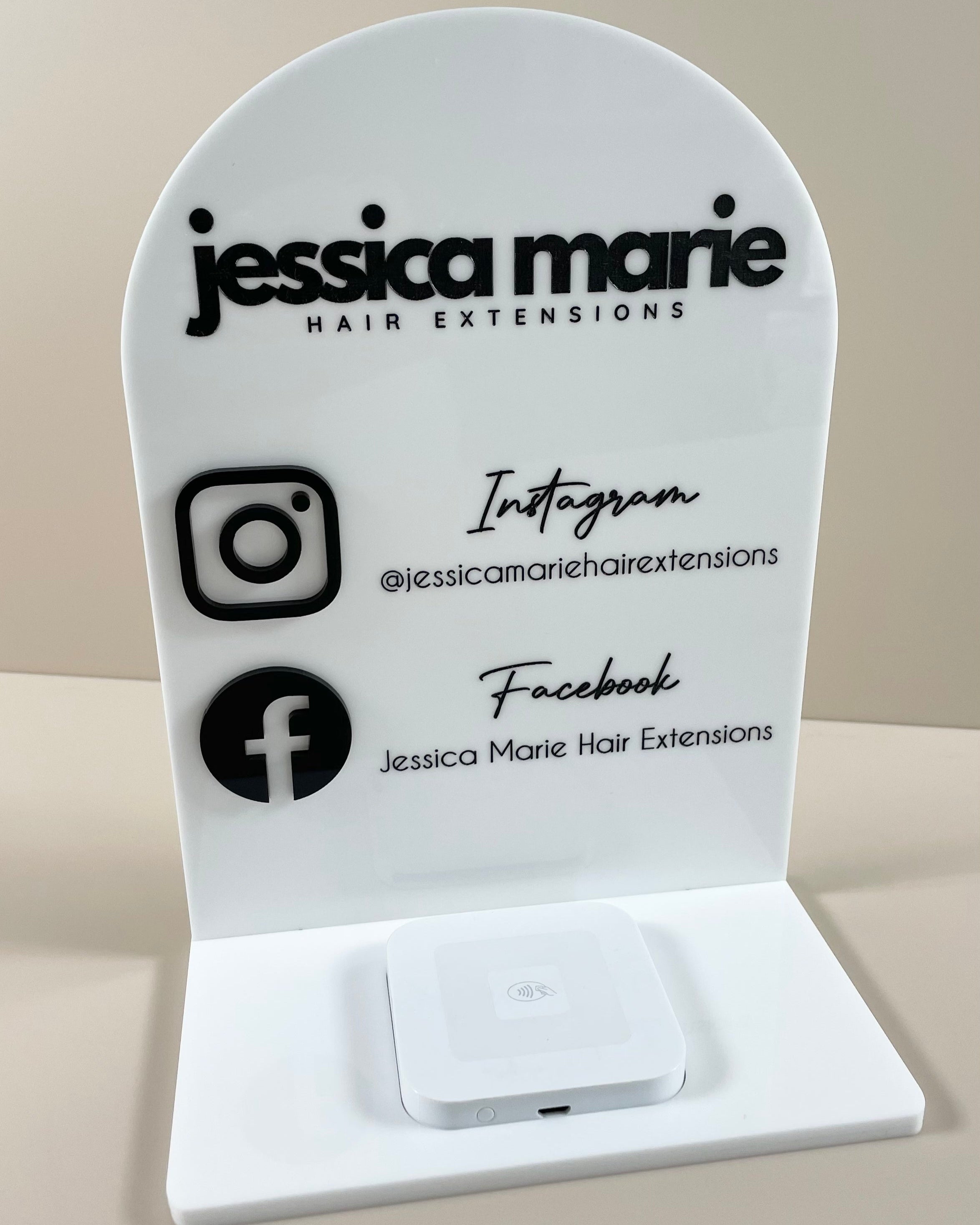 Personalised white acrylic stand with Instagram Facebook and square reader