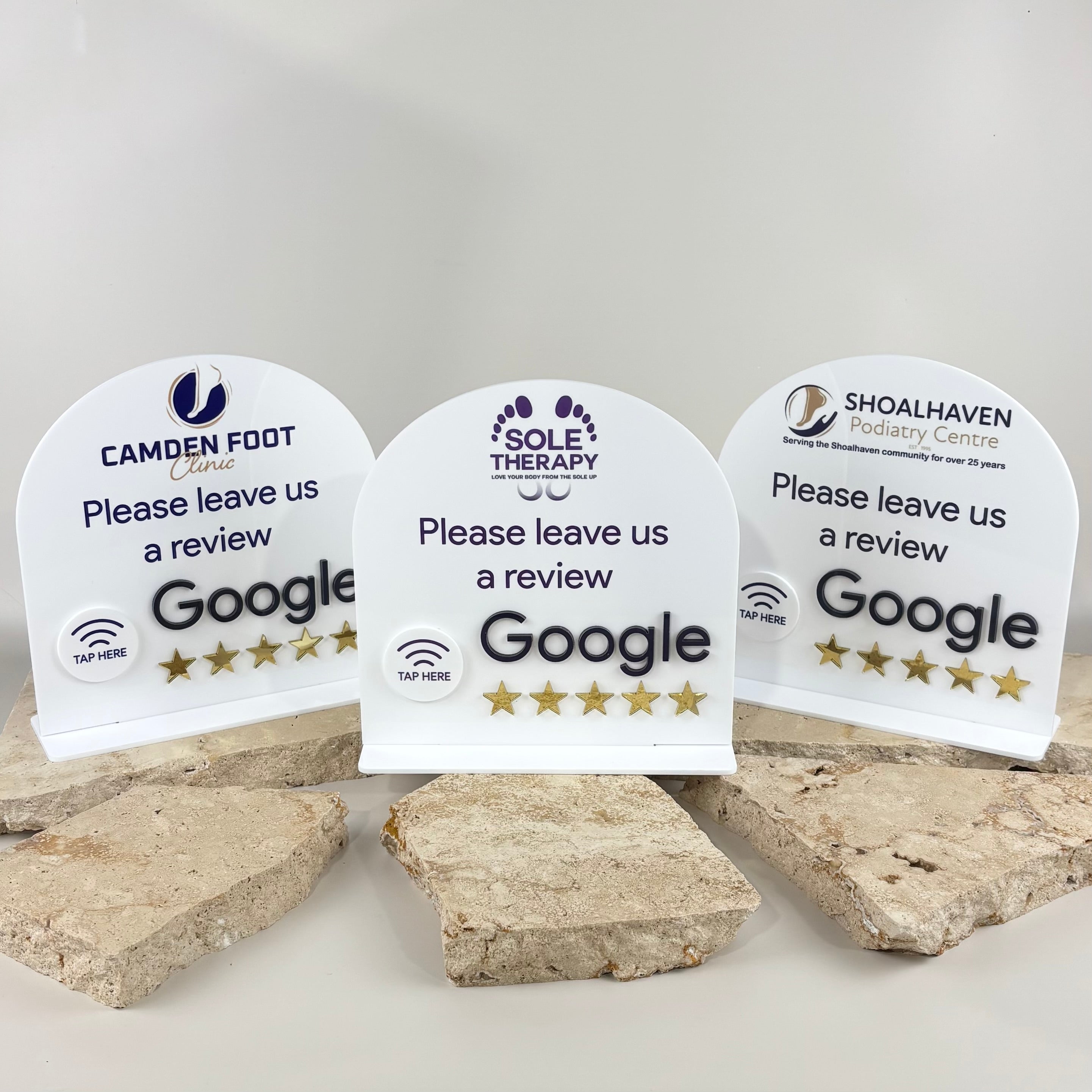 Custom NFC Google review stand with tap to review feature, acrylic review display stand for business counters, contactless Google review sign to boost customer feedback, branded salon and retail NFC stand Australia