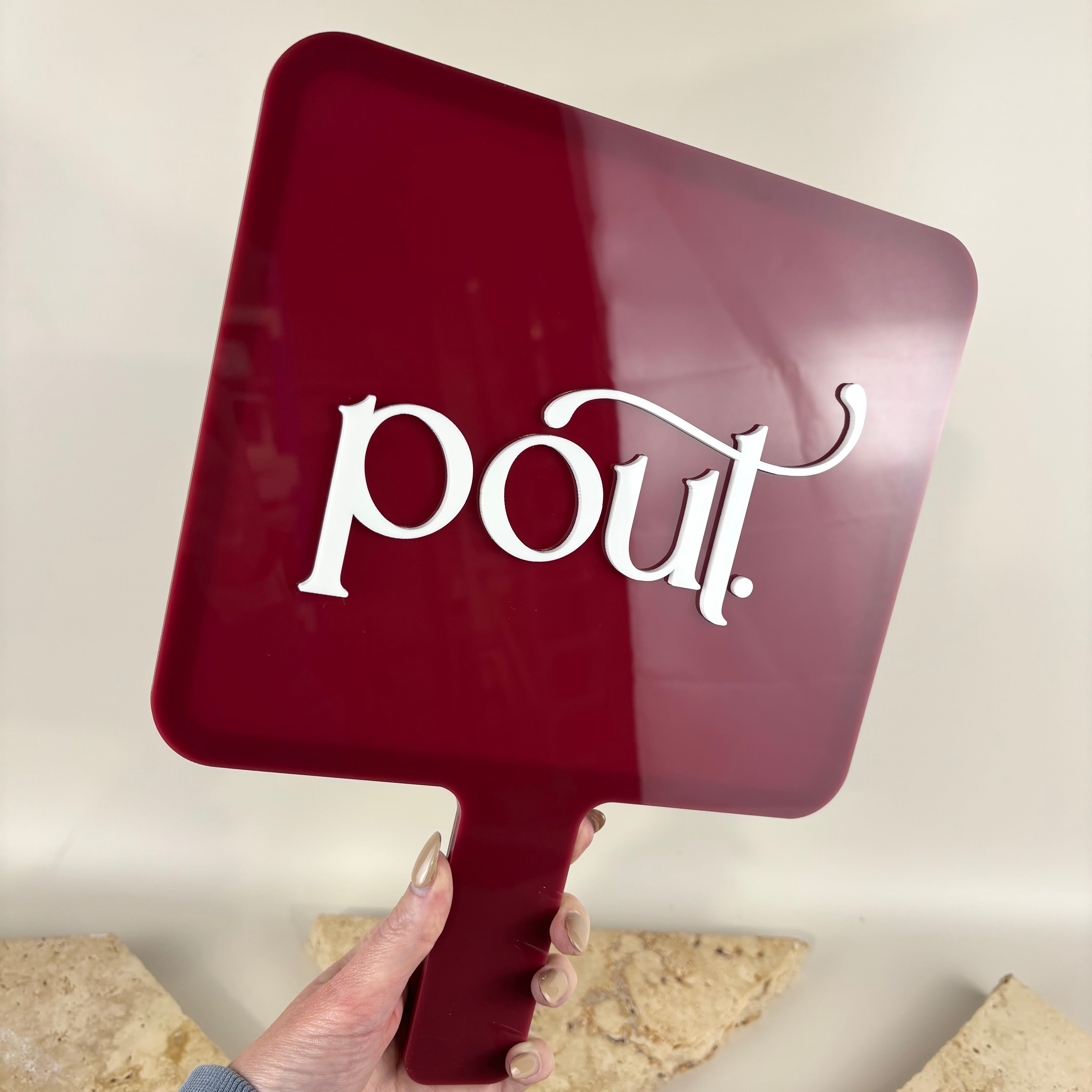 Large custom handheld acrylic mirror with 3D logo lettering, branded salon mirror, personalised beauty mirror, hairdresser hand mirror, makeup artist mirror, lash technician mirror, brow salon mirror, cosmetic clinic mirror, acrylic promotional mirror, custom business branding mirror, beauty salon accessories, professional handheld mirror for client photos, personalised acrylic mirror Australia, red acrylic hand mirror with raised white logo.