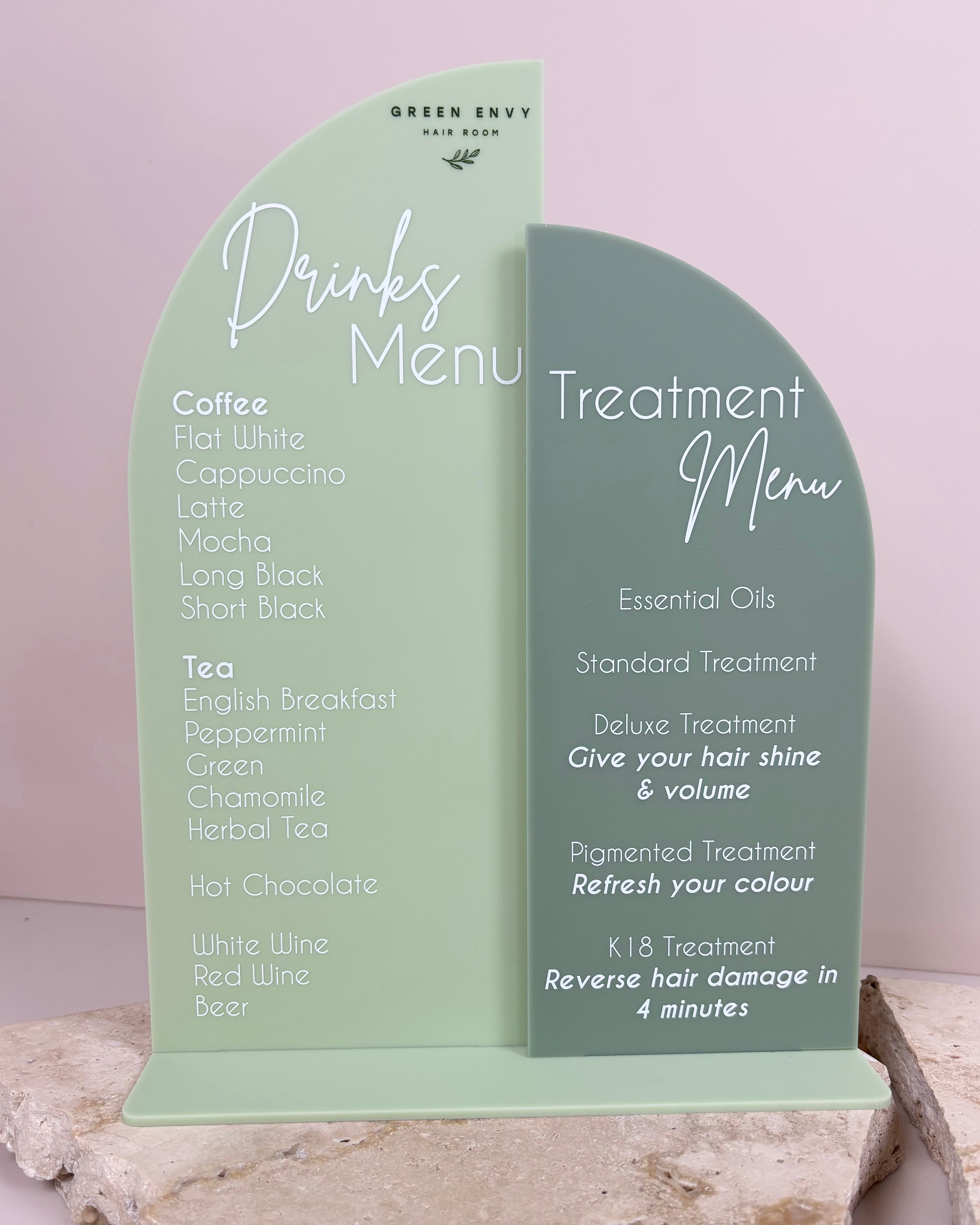 Split layout acrylic counter sign with drink list and treatment menu