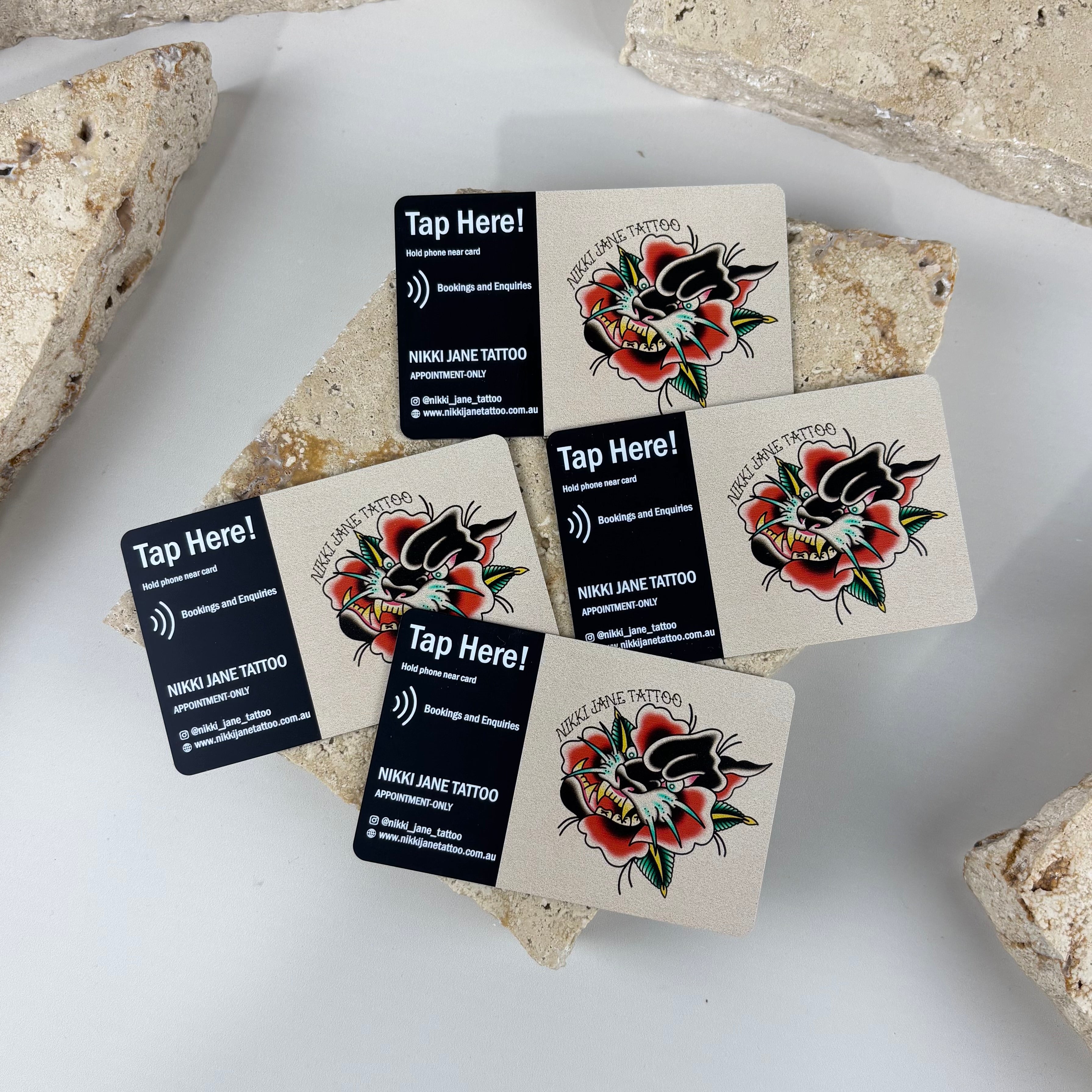 Custom NFC business cards Australia for tattoo artist, tap to book appointment contactless smart cards with logo print and booking link technology