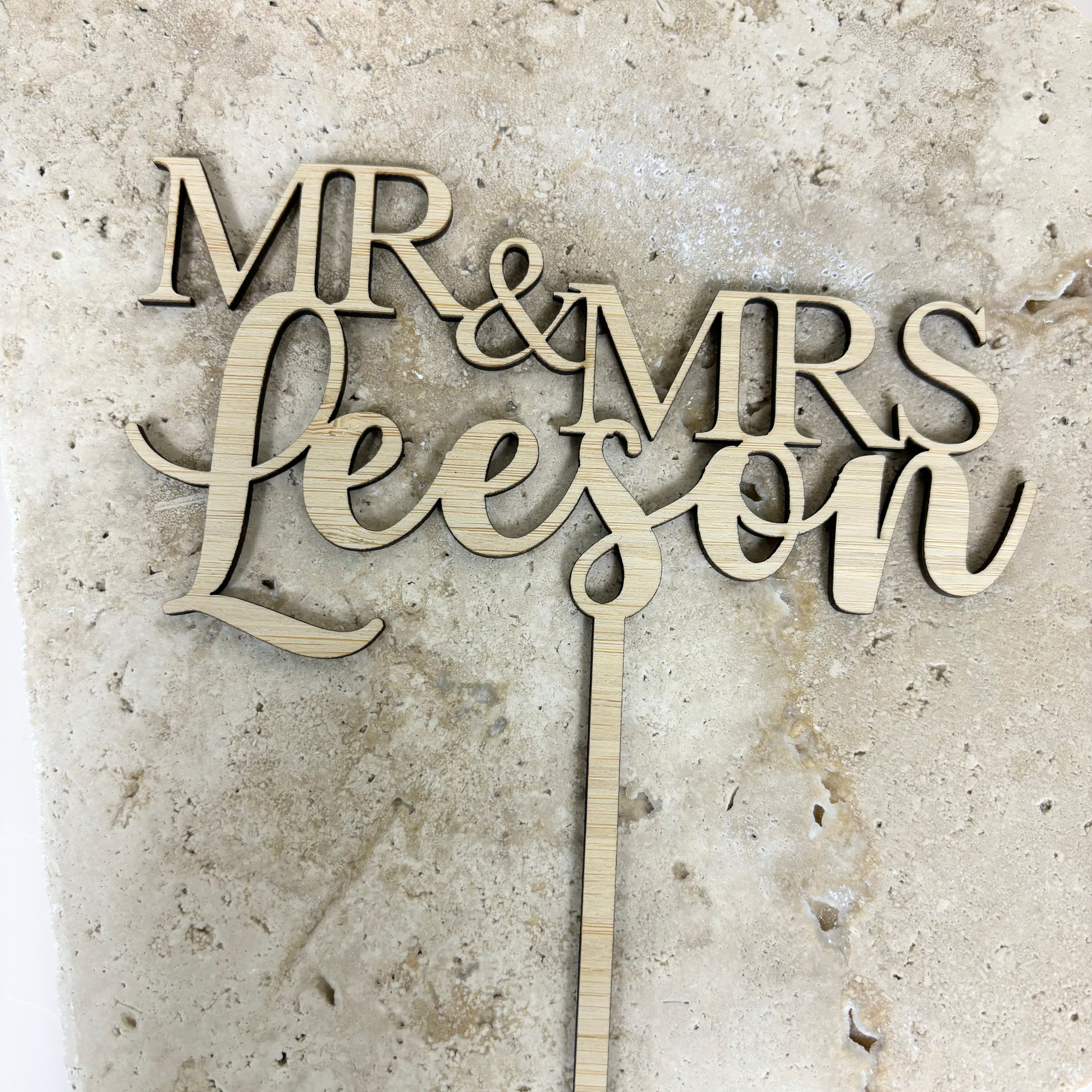 Mr and Mrs Leeson custom bamboo cake topper Australia handmade