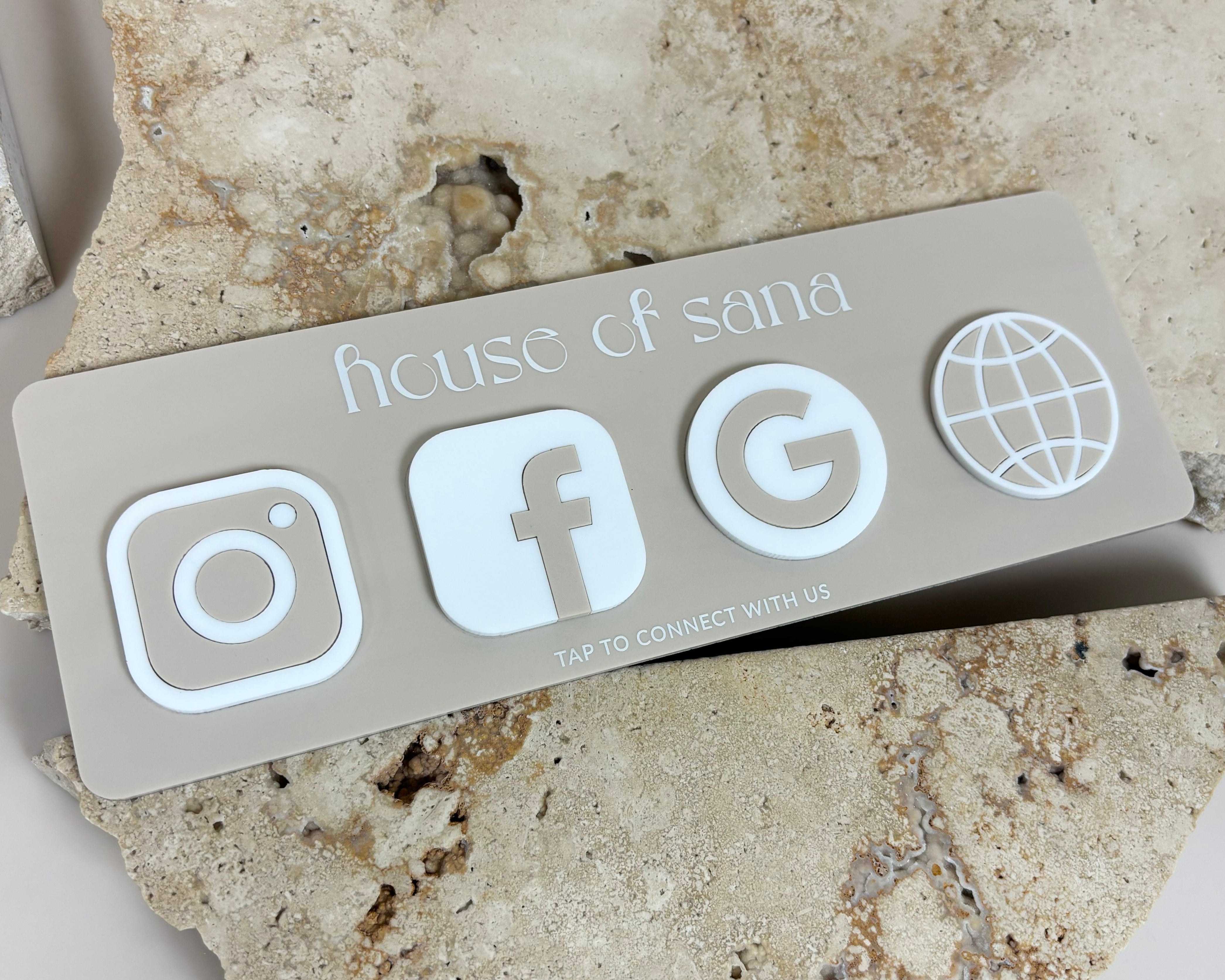 Beige acrylic NFC social plaque with House of Sana branding and Google, Facebook and Instagram