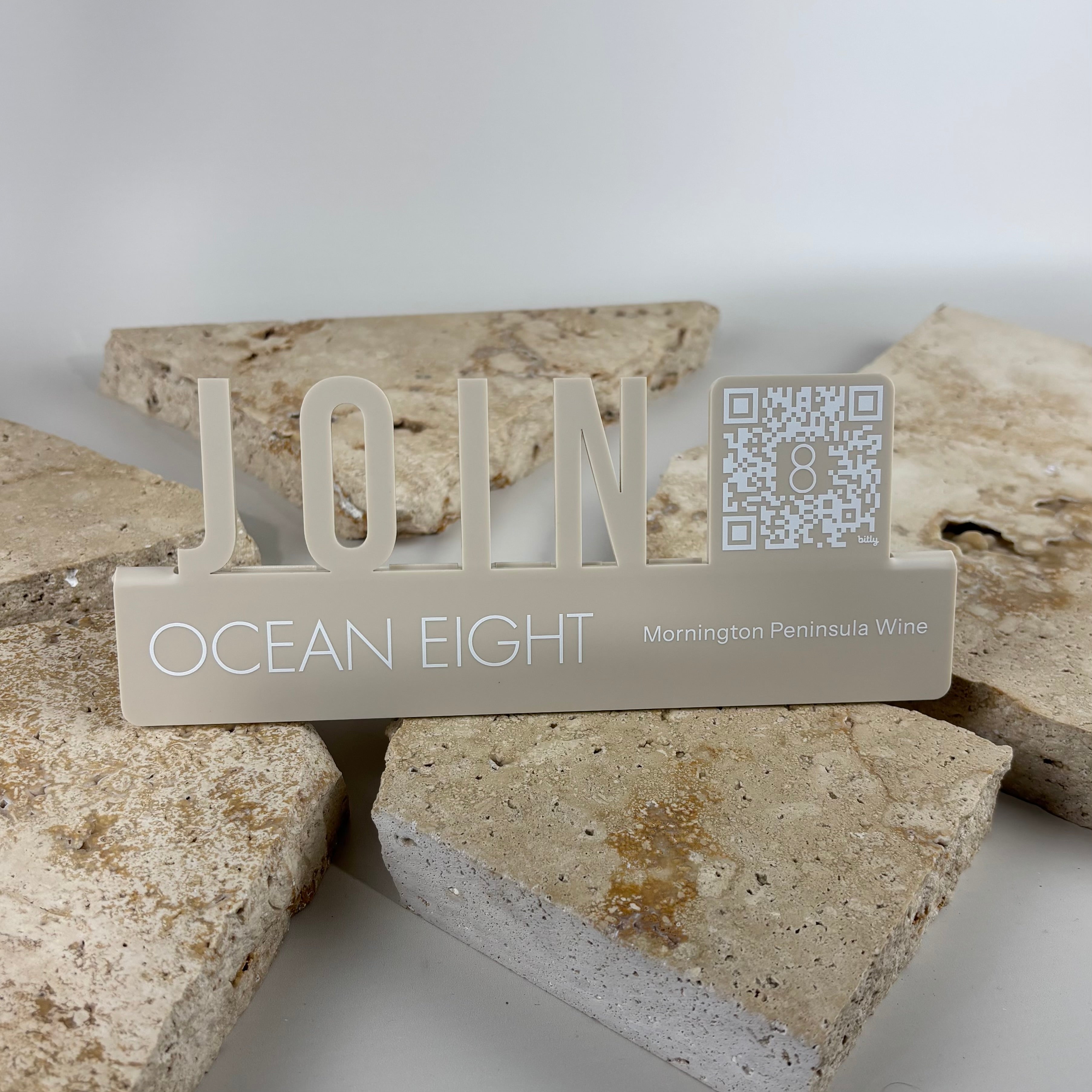 Custom NFC business stand with QR code and logo, laser cut acrylic counter display for contactless business networking, Google reviews and social media links.