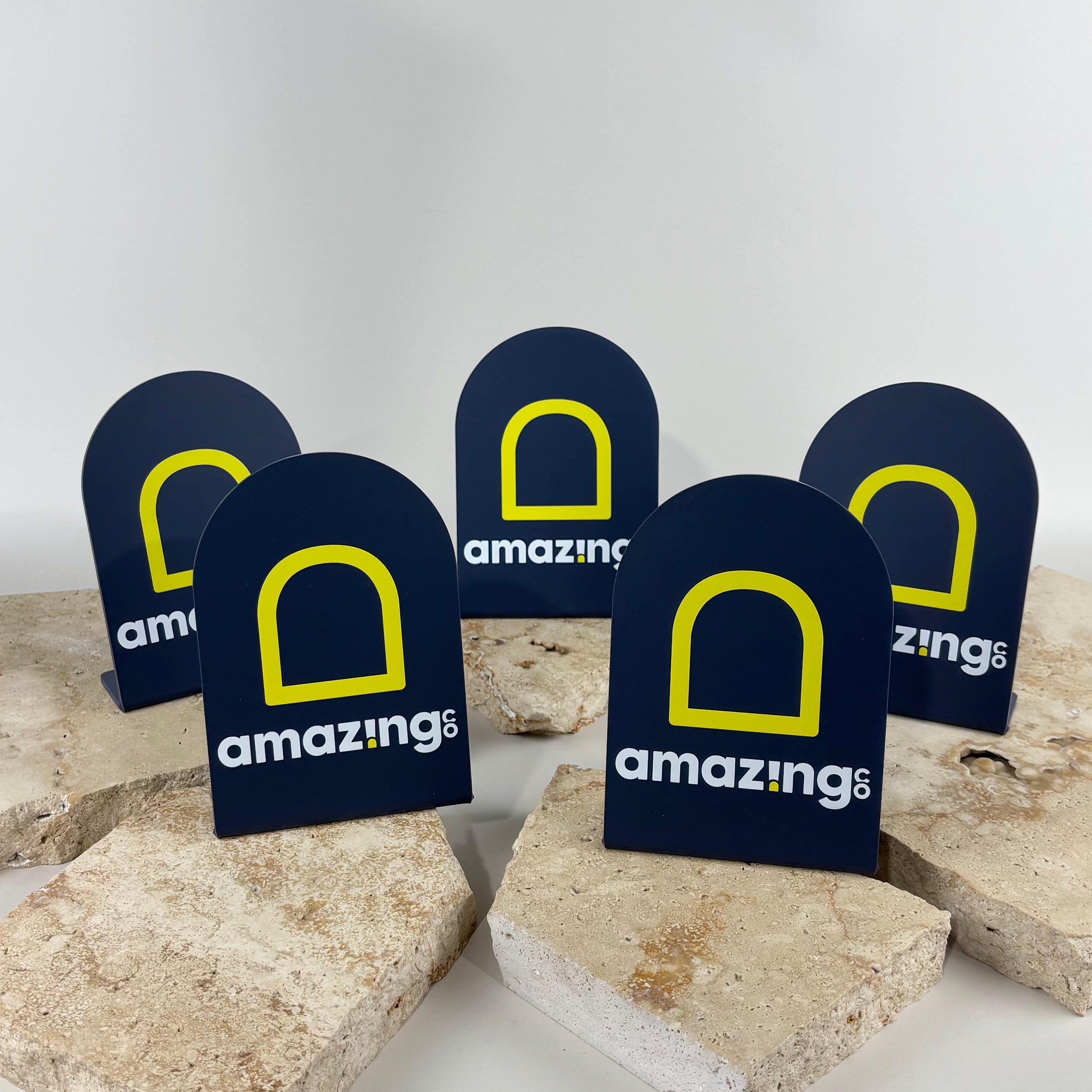 Custom acrylic countertop display signs with UV printed logo, personalised branded retail display stands for shops, salons, boutiques, cafés and business point of sale displays.