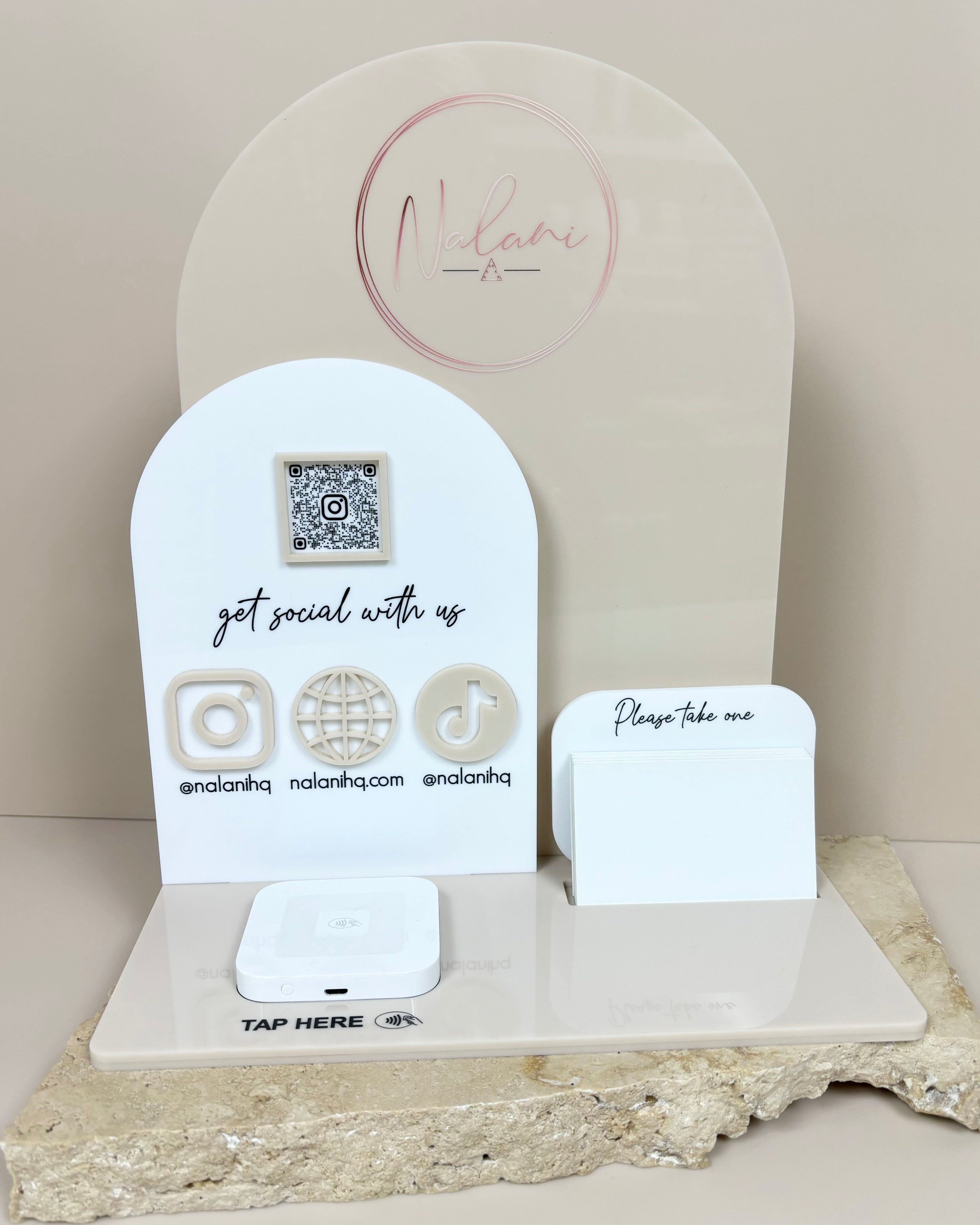 White acrylic display stand with QR code business card holder and Square reader