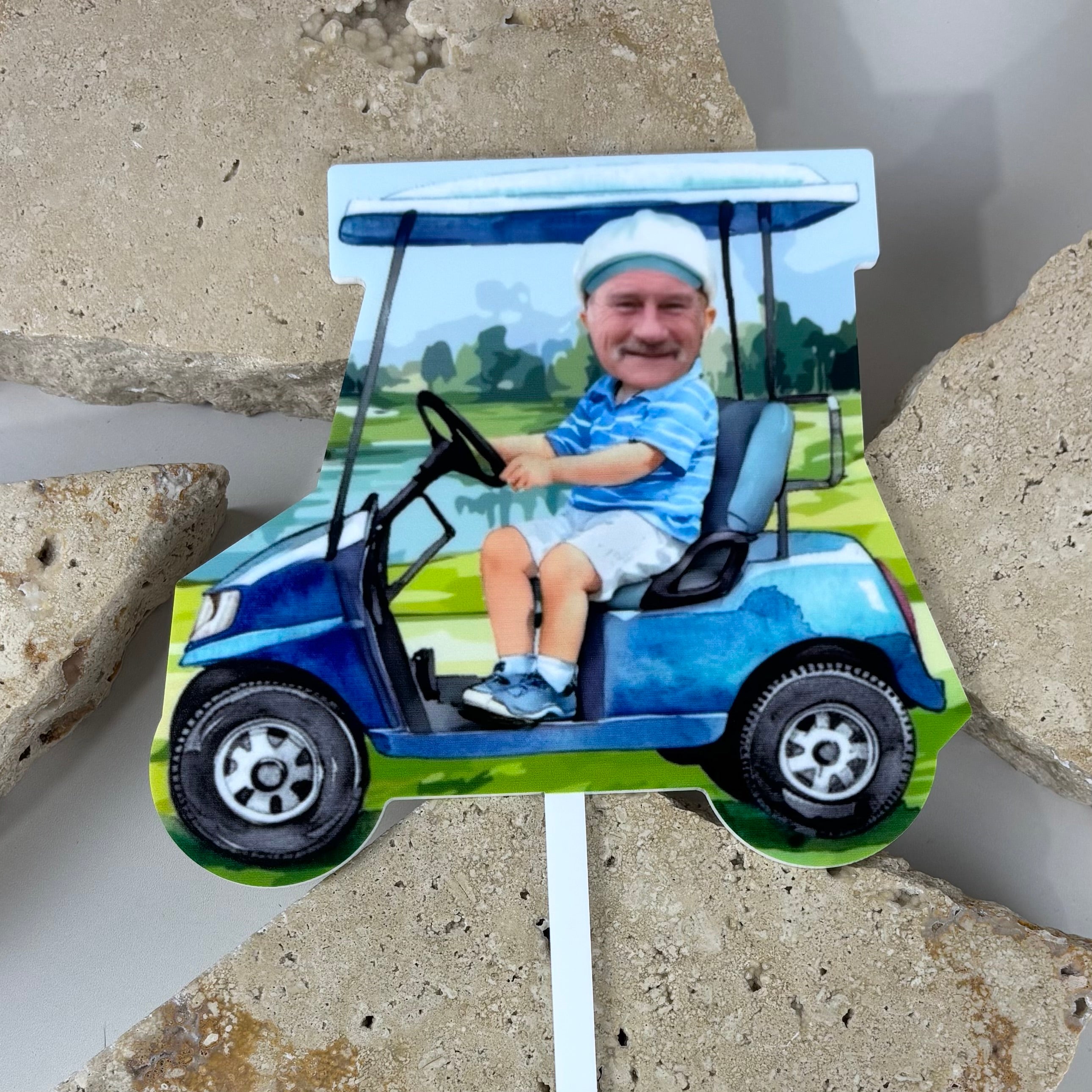 Custom printed cake topper Australia with photo face design, golf cart theme personalised birthday cake decoration high quality UV printed acrylic topper