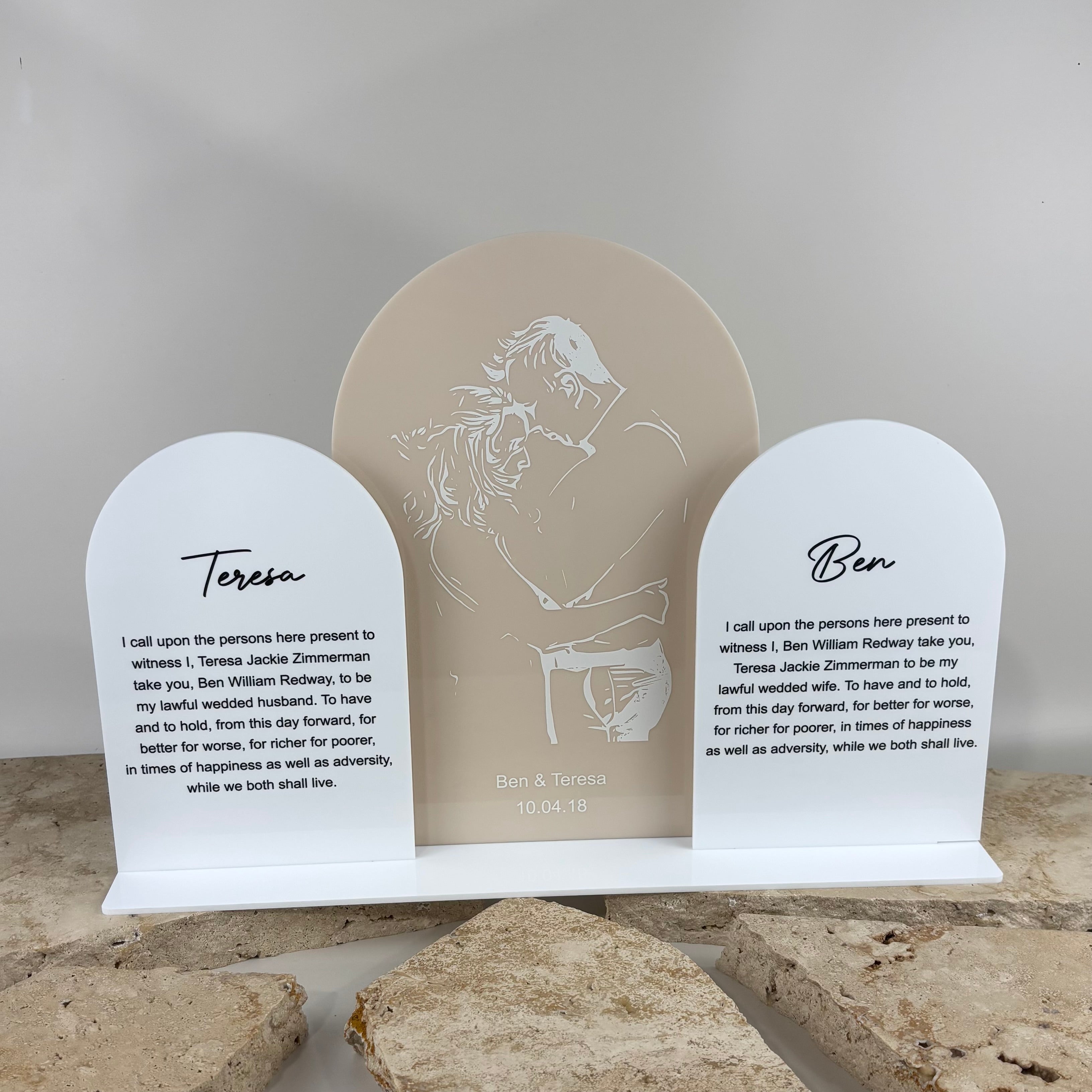 Custom acrylic wedding vow plaques set with arched design, personalised bride and groom vows display with engraved and UV printed text, modern wedding ceremony signage with couple silhouette feature, keepsake vow boards Australia-made