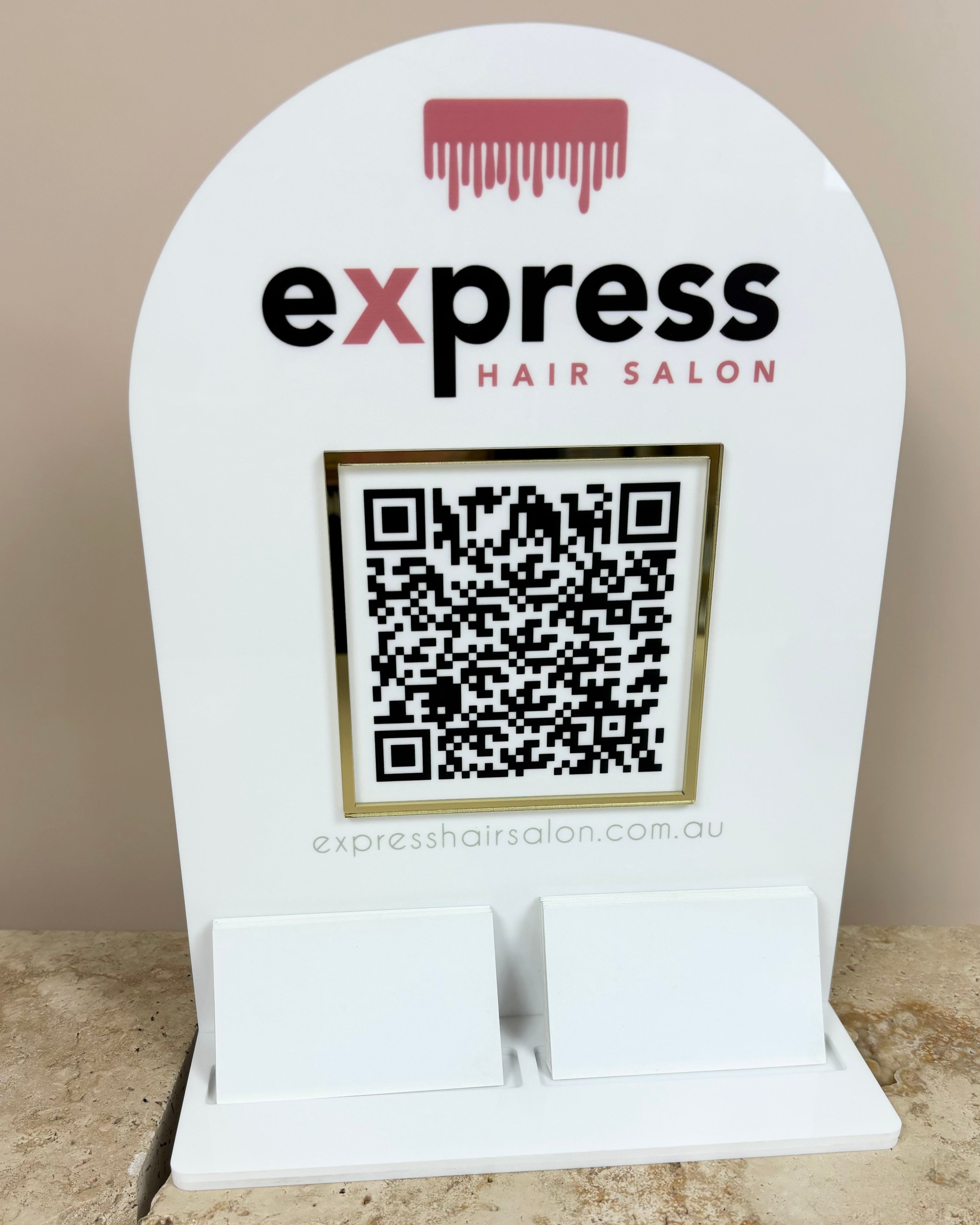 Custom card display with QR code for Express Hair Salon reception counter