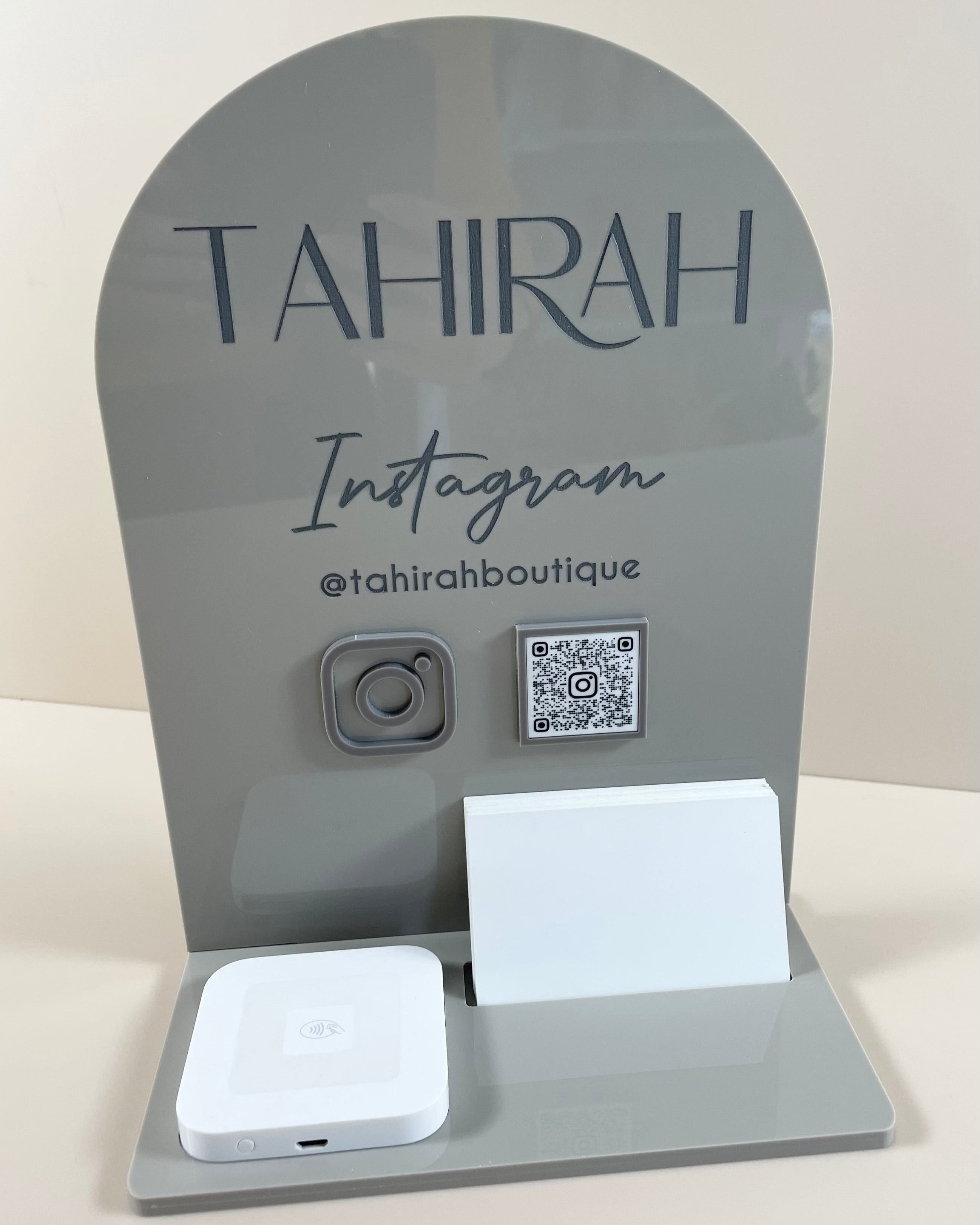 Curved acrylic business station with social media display and reader