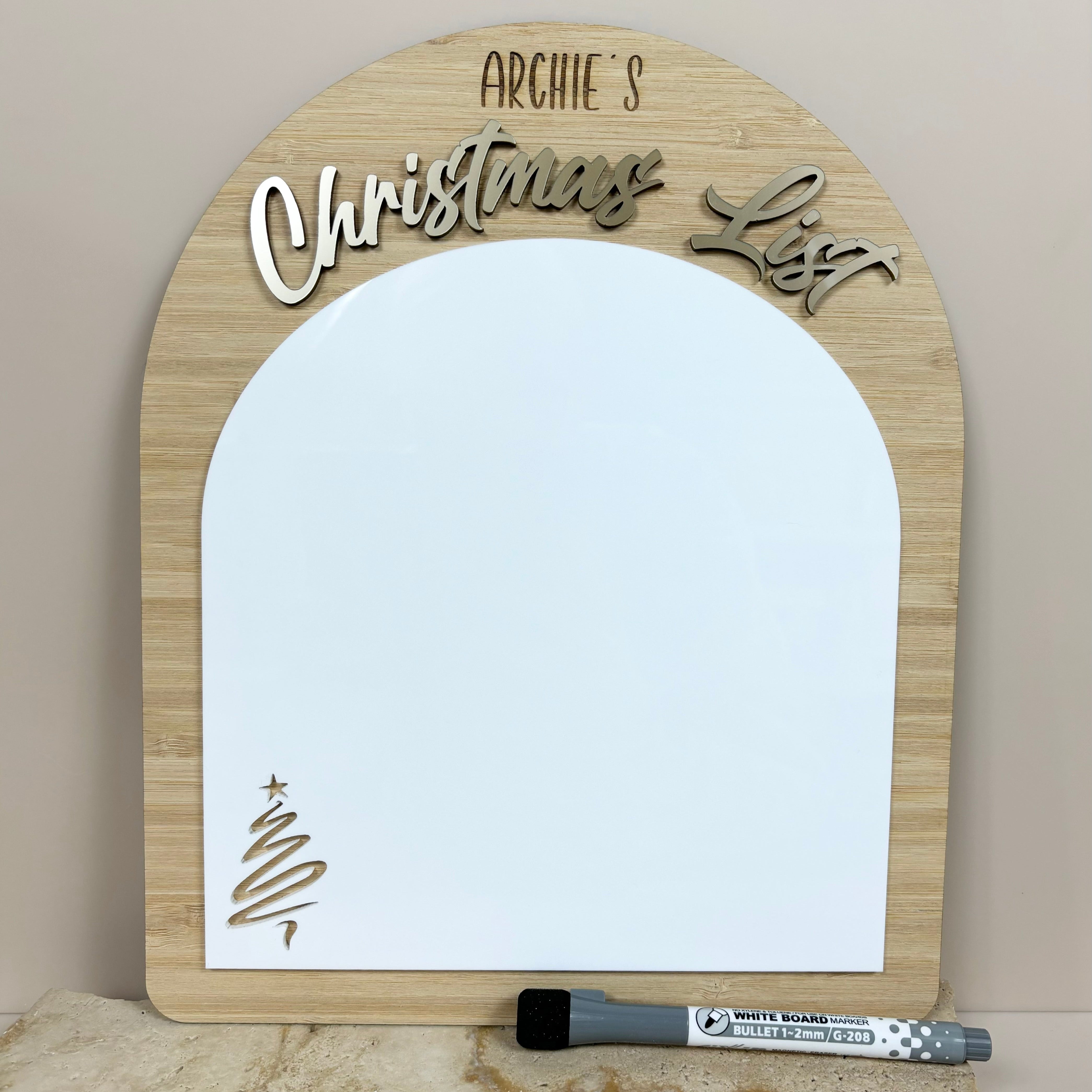 Custom kids Christmas list board with name and decorative tree detail