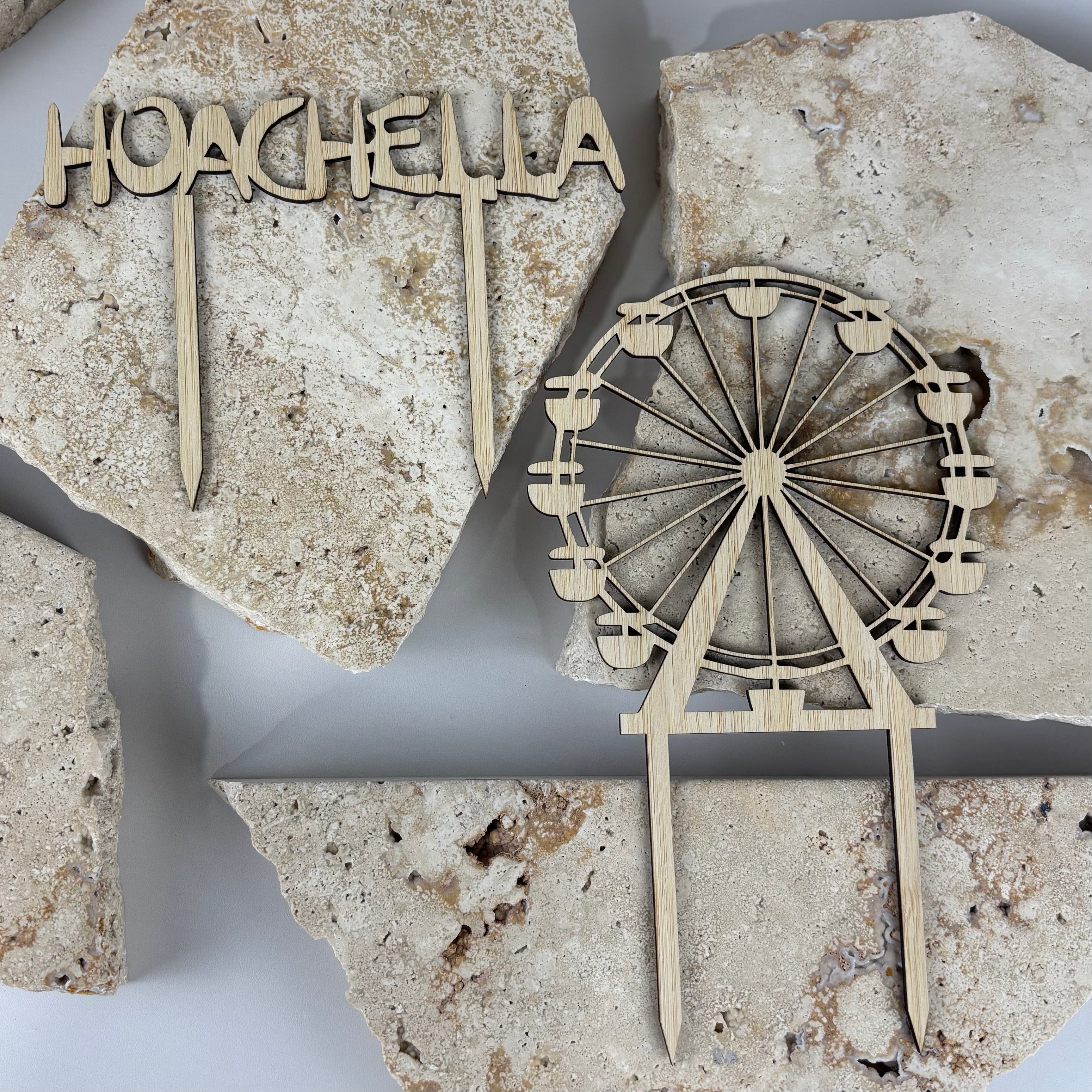 laser cut bamboo cake topper set featuring hoachella text and ferris wheel design, eco friendly festival themed party decoration for cakes and birthdays, sustainable bamboo toppers australia