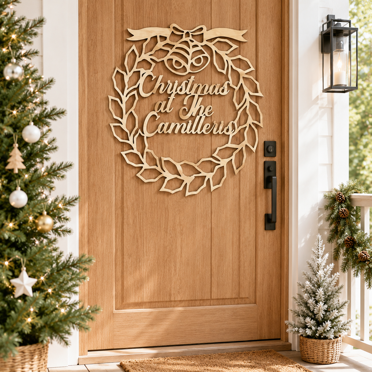 Personalised wooden Christmas door wreath with family name, bells and leafy design displayed on a modern front door.