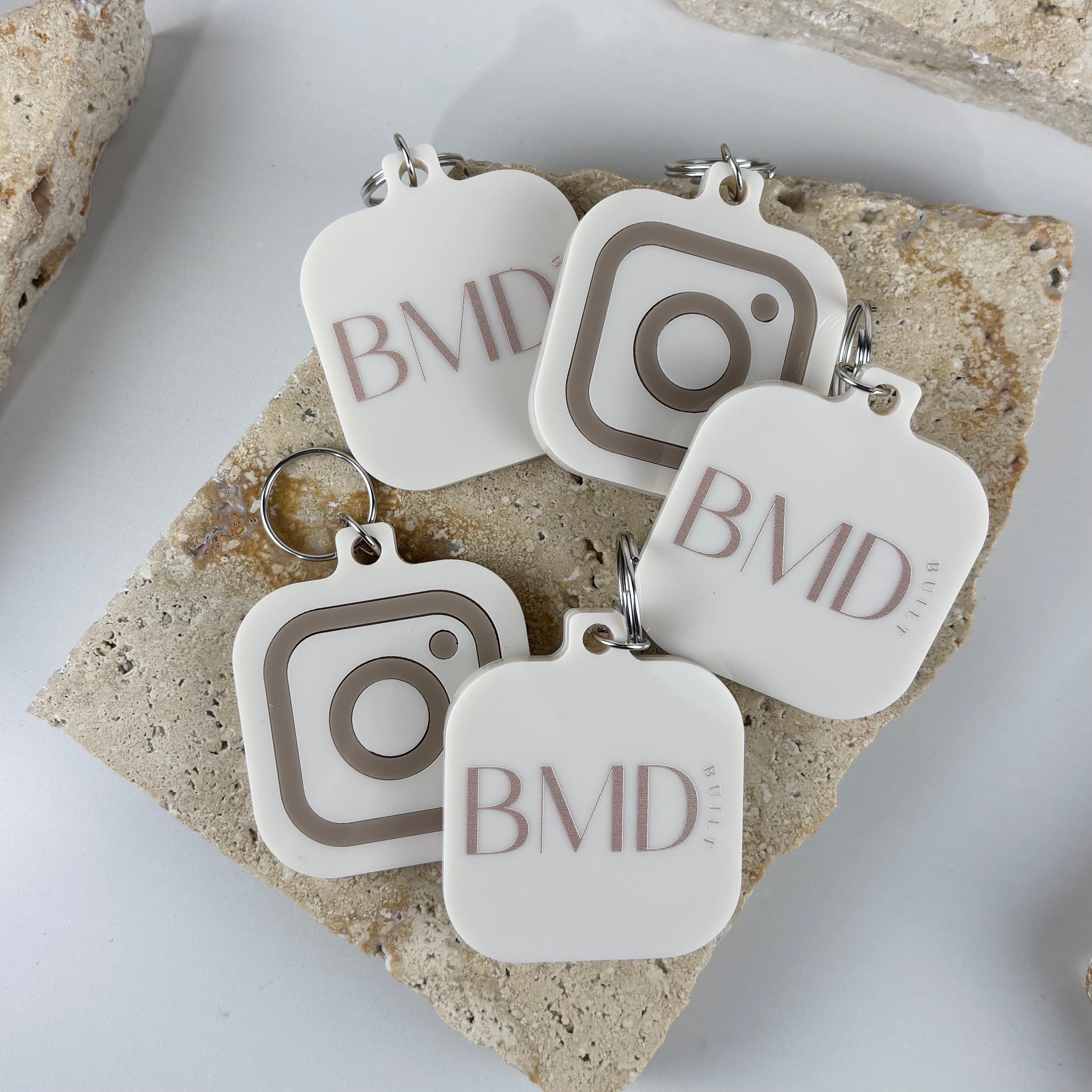 Custom NFC keychains with Instagram logo and business branding, square acrylic NFC tags for contactless sharing, personalised social media keychains for small business marketing and customer engagement