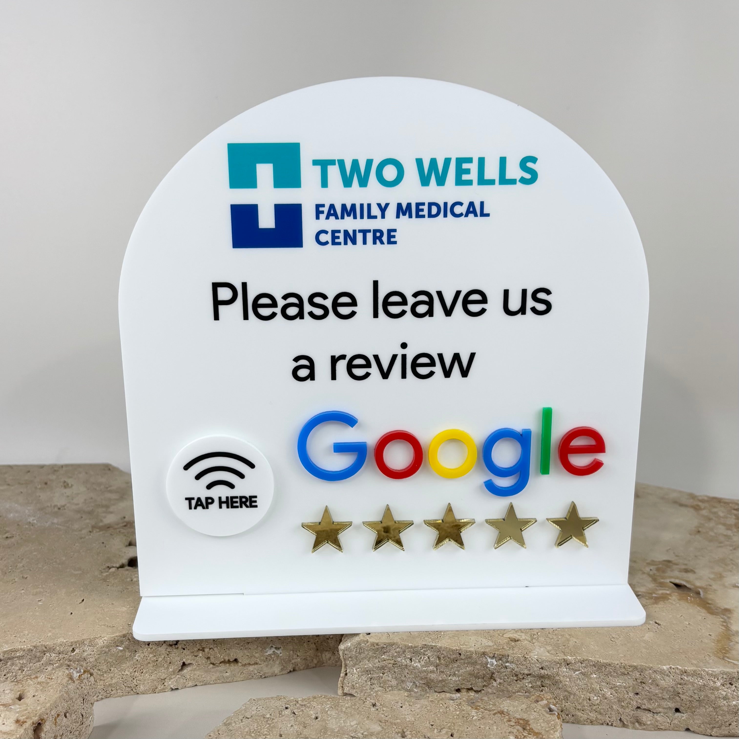 NFC Google review stand for businesses with tap to review sign and five star rating display