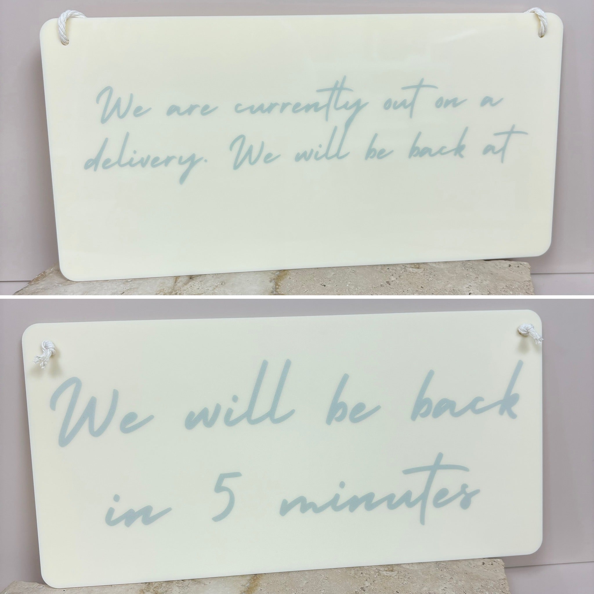 Custom double sided return time signs – uv printed business signs displaying return time and out on delivery message