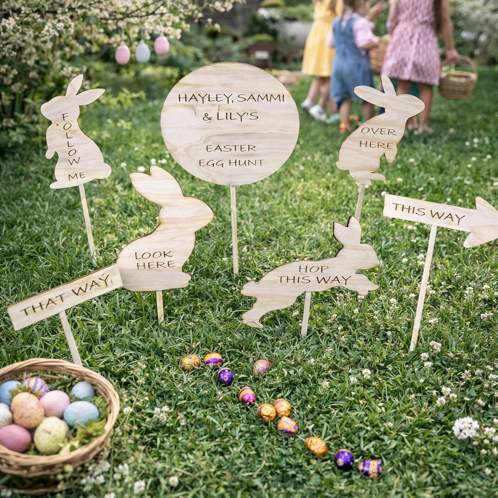 Wooden Easter egg hunt signs and bunny markers for garden egg hunt, personalised Easter party decorations for kids
