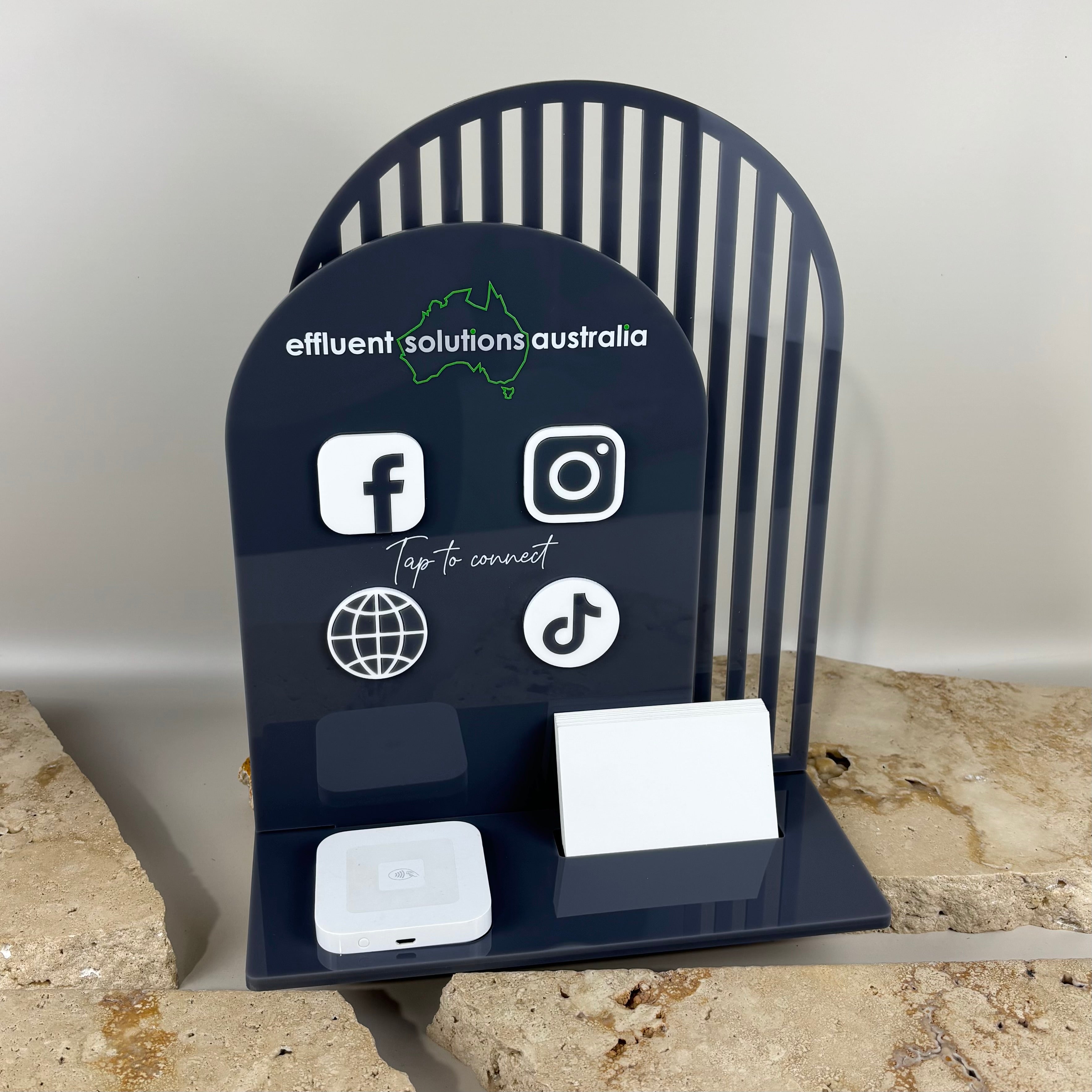 Custom NFC business station with social media icons, branded acrylic tap to connect stand