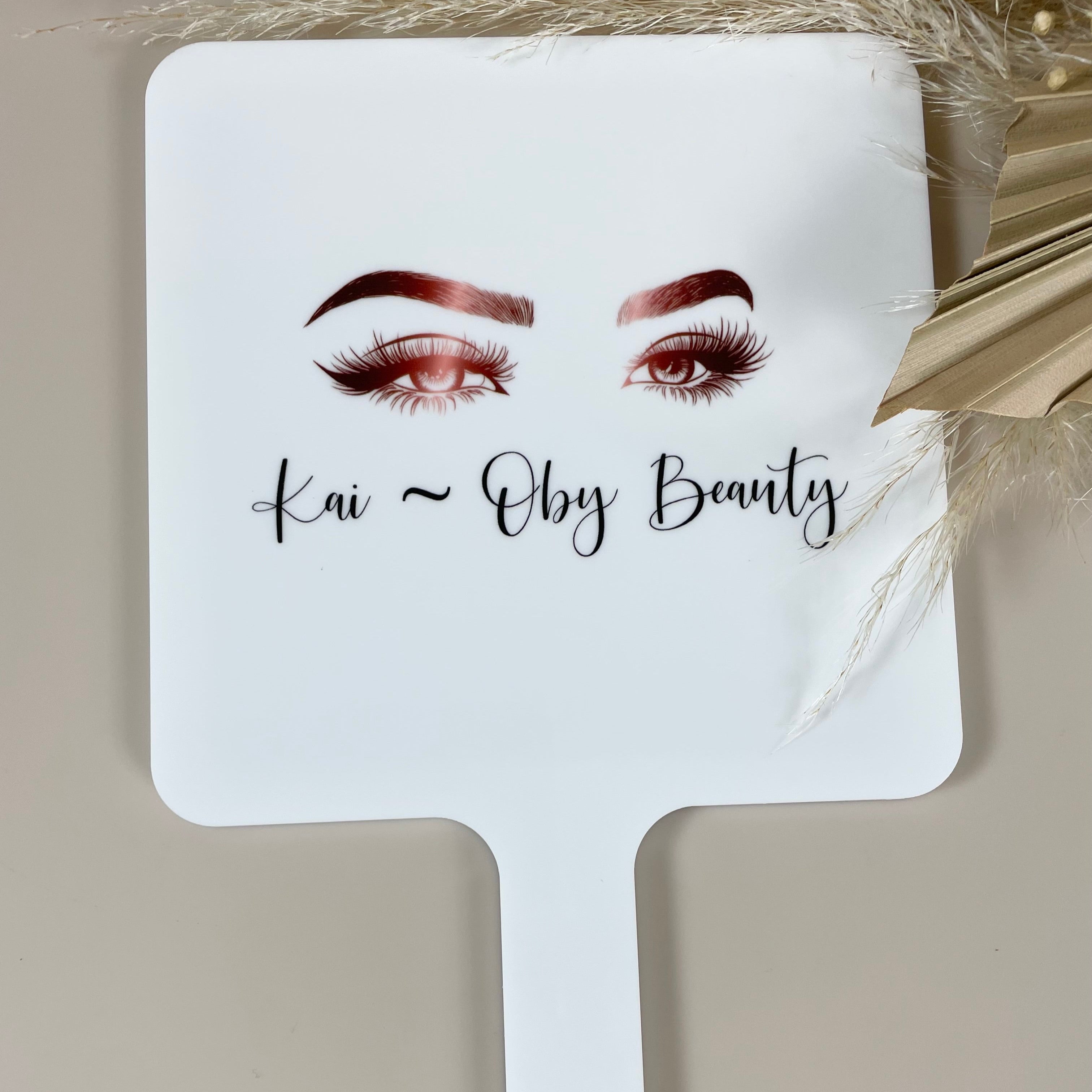 Custom beauty mirror with brows and lashes logo