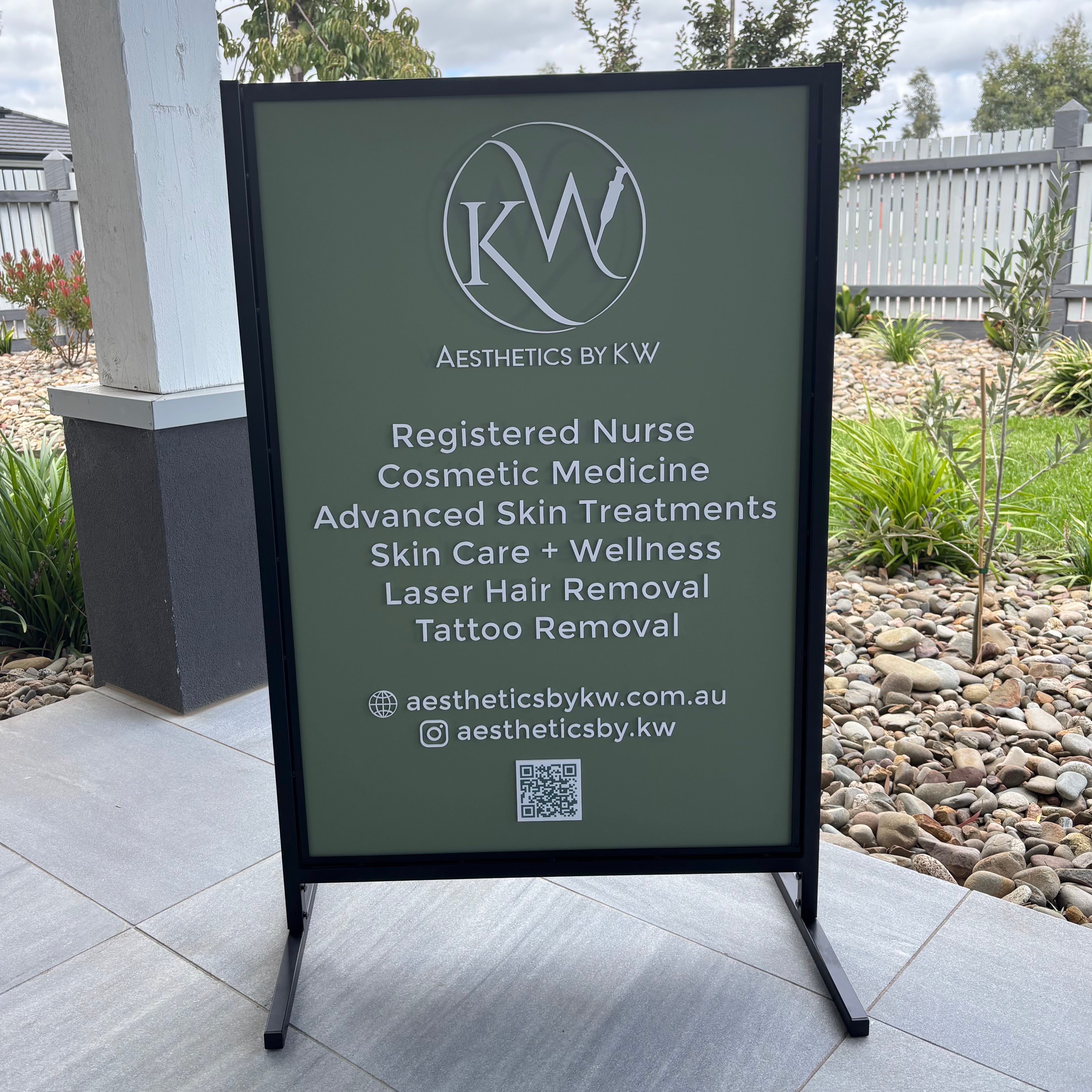 Custom T-frame business sign with UV printed panel for aesthetics clinic, professional outdoor advertising sign designed for clinics, salons and small businesses to display services, branding and contact details outside their premises.