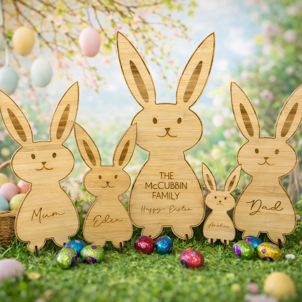 Personalised wooden Easter bunny family stakes engraved with Mum, Dad and children’s names, outdoor Easter decor for garden egg hunts