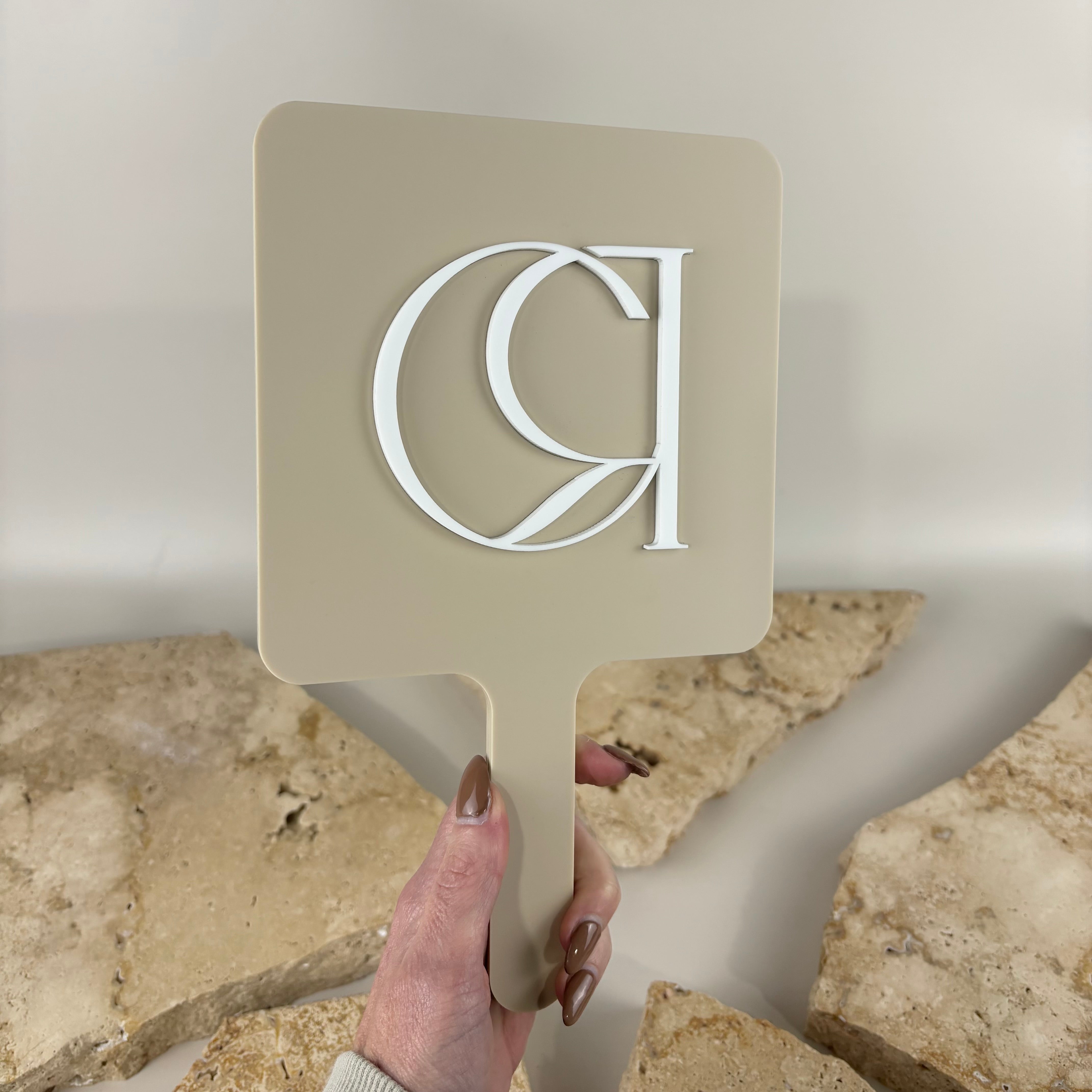 Custom branded handheld mirror with 3D acrylic logo, personalised salon mirror for hairdressers and beauty professionals, luxury promotional mirror, custom beauty business branding accessory, Australian made acrylic handheld mirror.