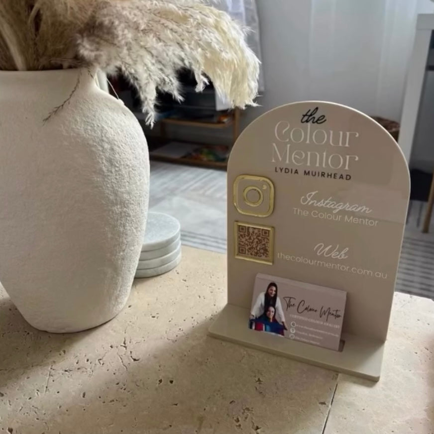 Custom acrylic business display stand with Instagram icon, QR code and business card holder, neutral salon branding sign Australia