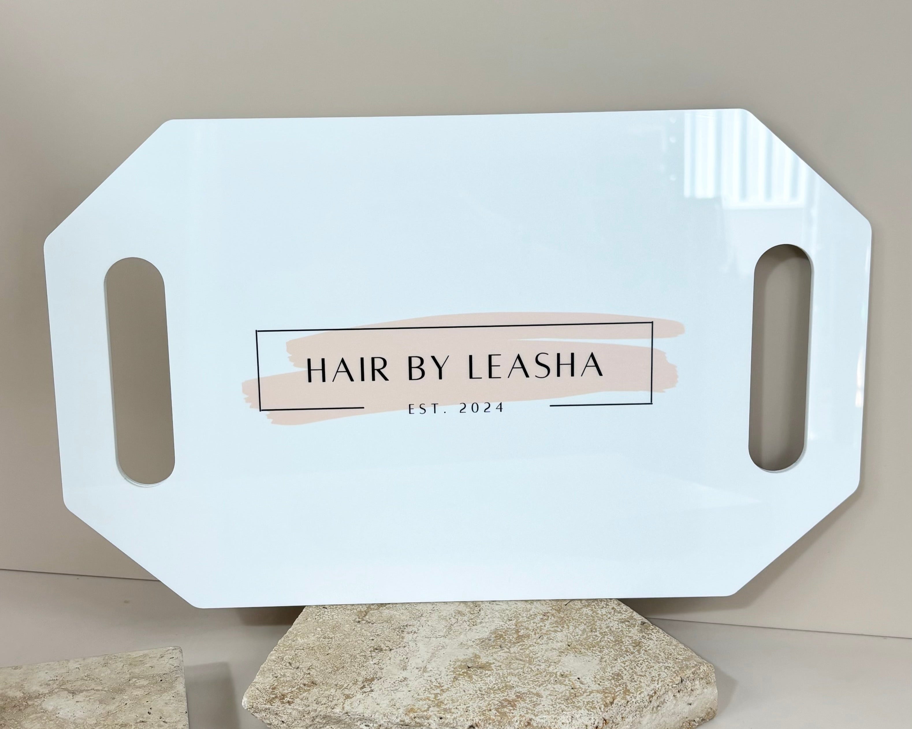 Custom mirror with Hair by Leasha business name on handle