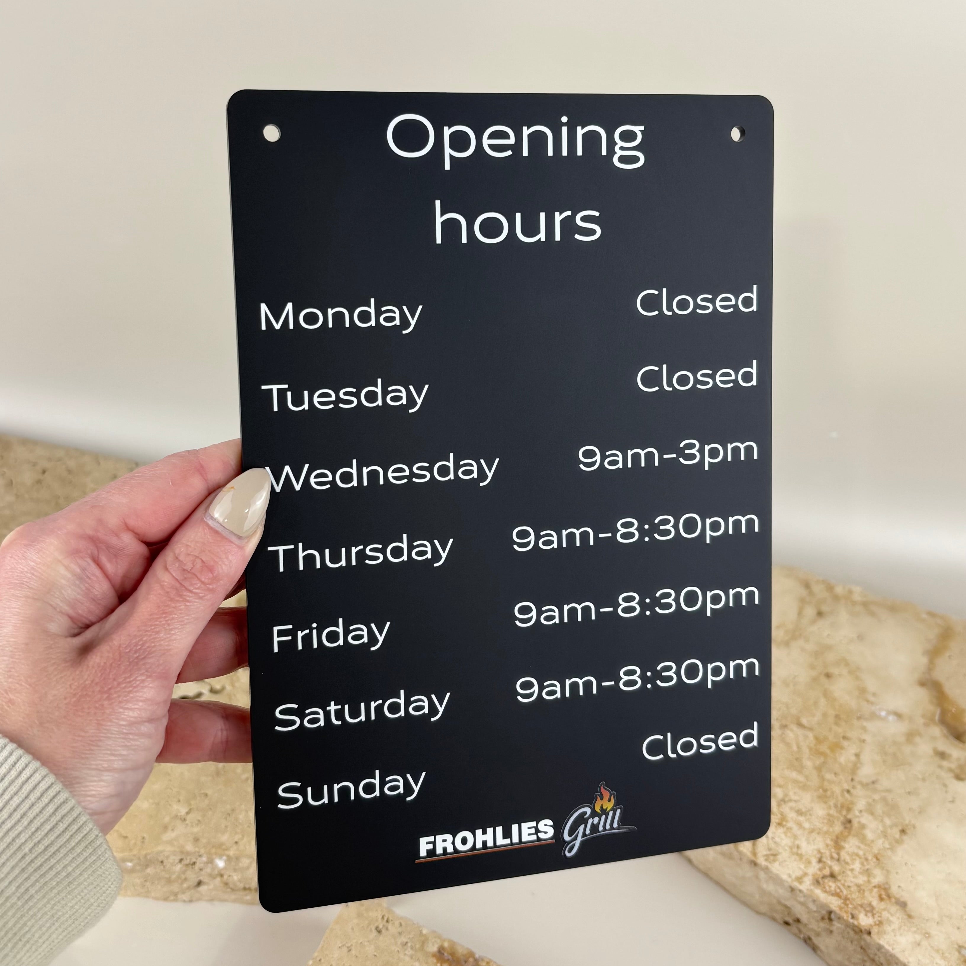 Custom business opening hours sign with logo, personalised black acrylic trading hours sign for restaurants, cafes, salons, shops and small businesses.
