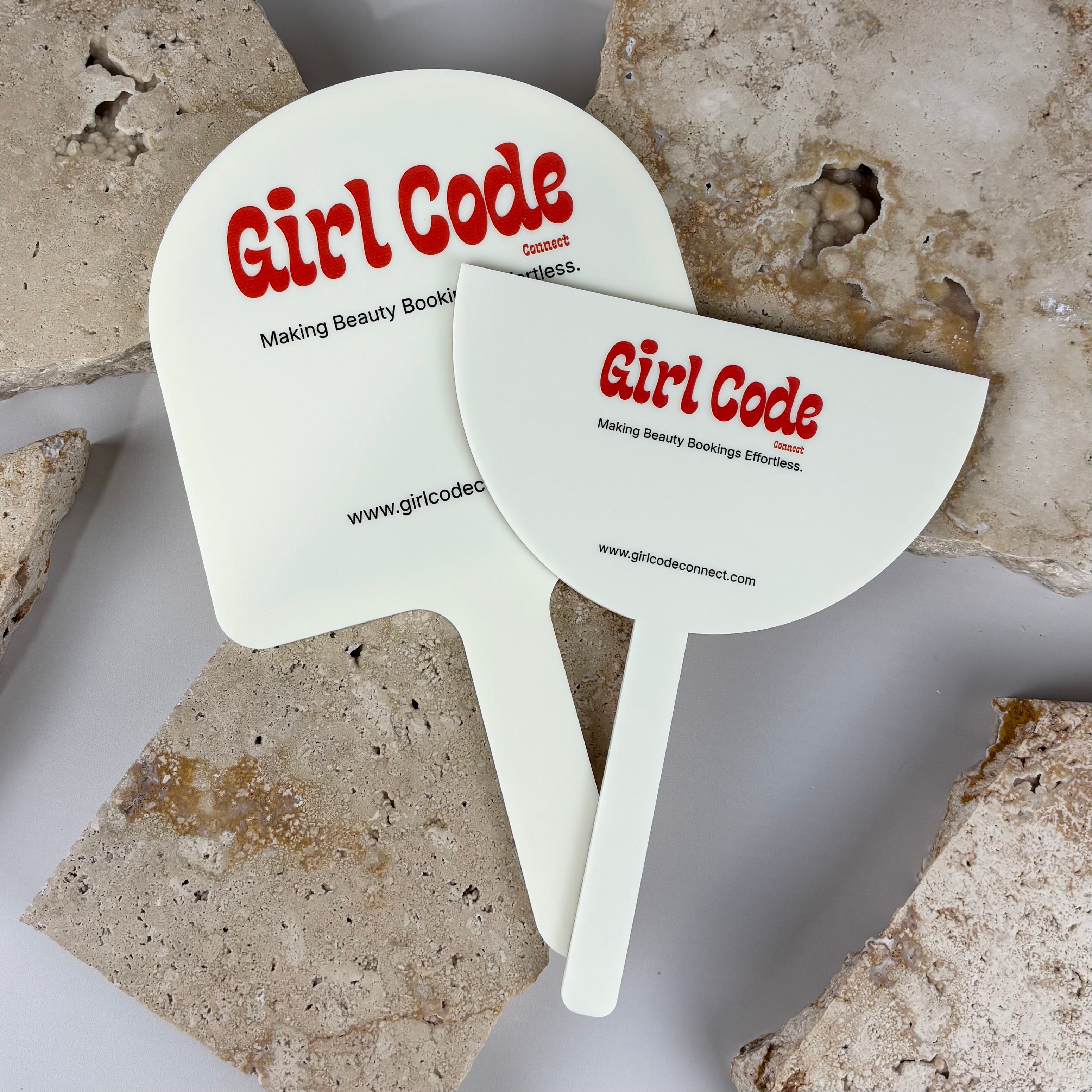 Custom acrylic handheld mirror and face shield bundle for beauty salons with branded logo printing
