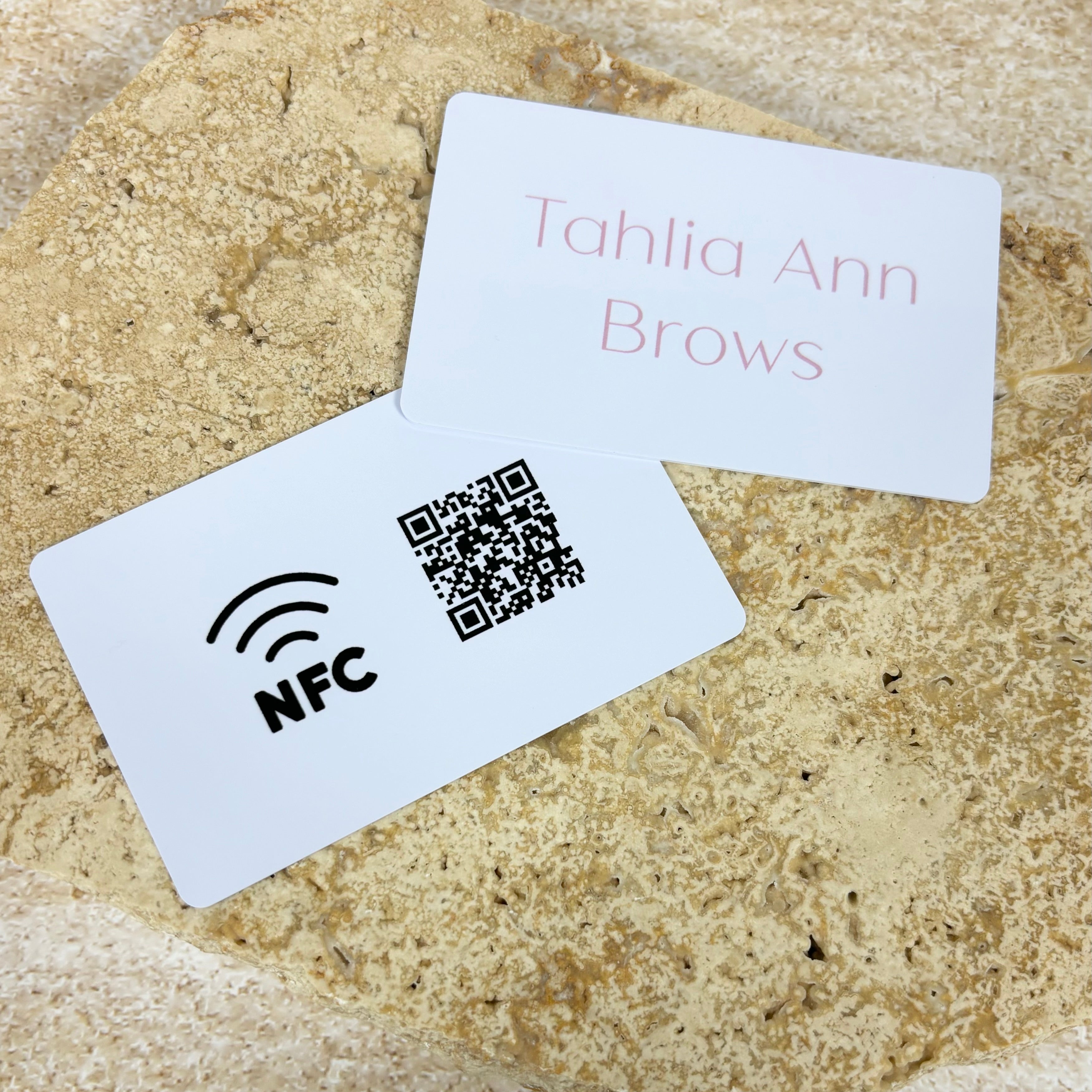 White and pink NFC cards with QR code for beauty and brow studio