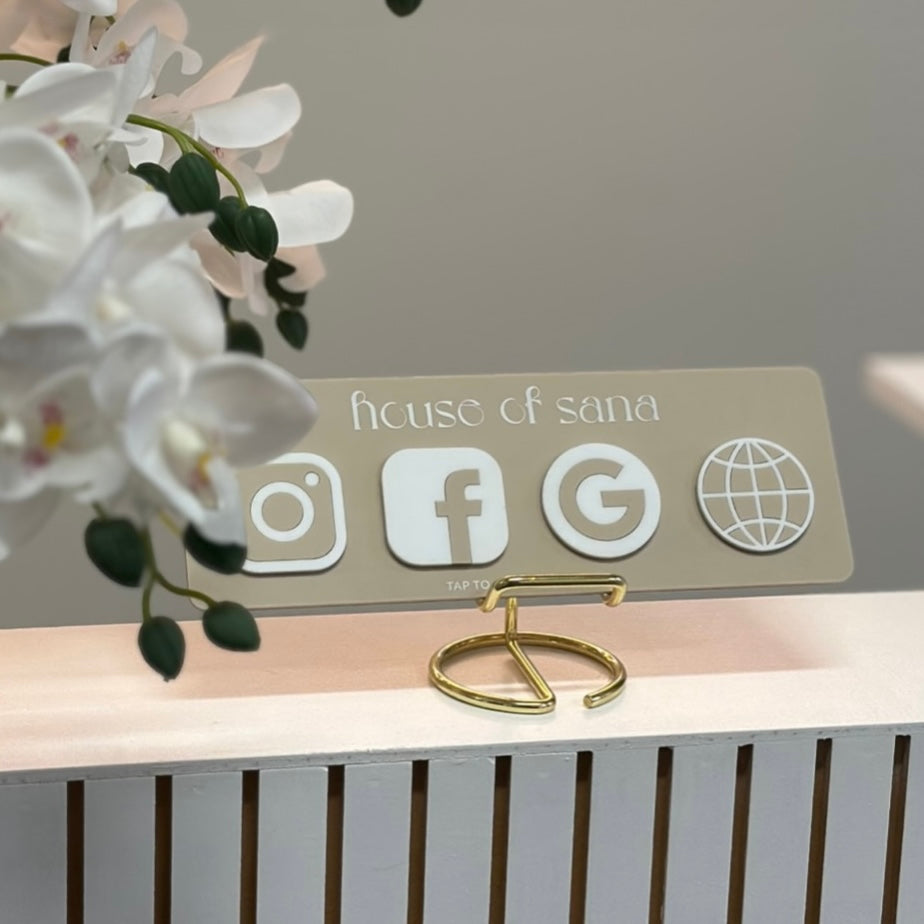 Custom NFC business plaque with social media icons, acrylic tap to connect sign for Instagram Facebook Google and website, personalised NFC display stand for salon reception desk, contactless digital business card sign, House of Sana branded NFC plaque for client engagement and bookings