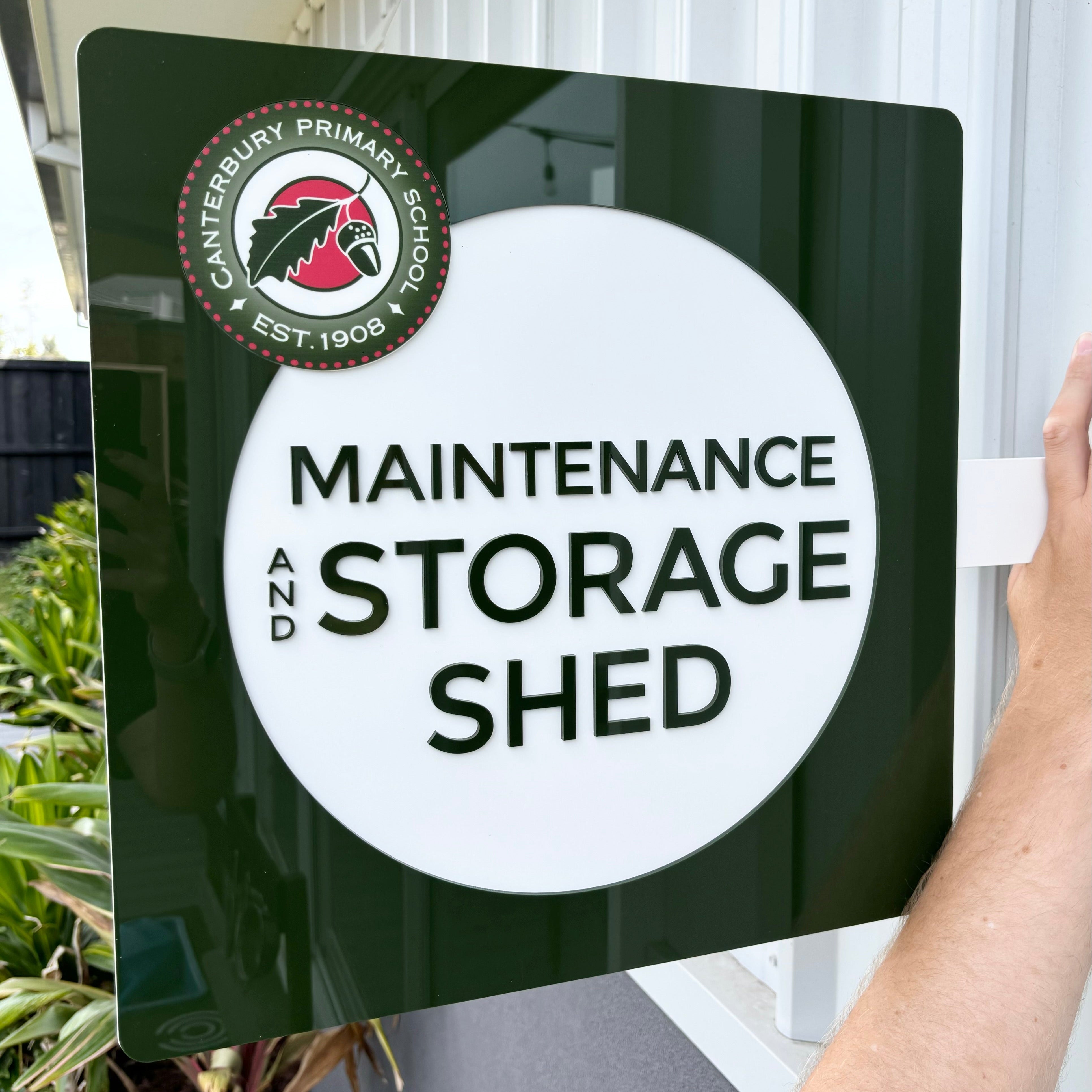 Durable square blade sign for maintenance storage shed, UV printed double-sided bracket sign for schools or businesses