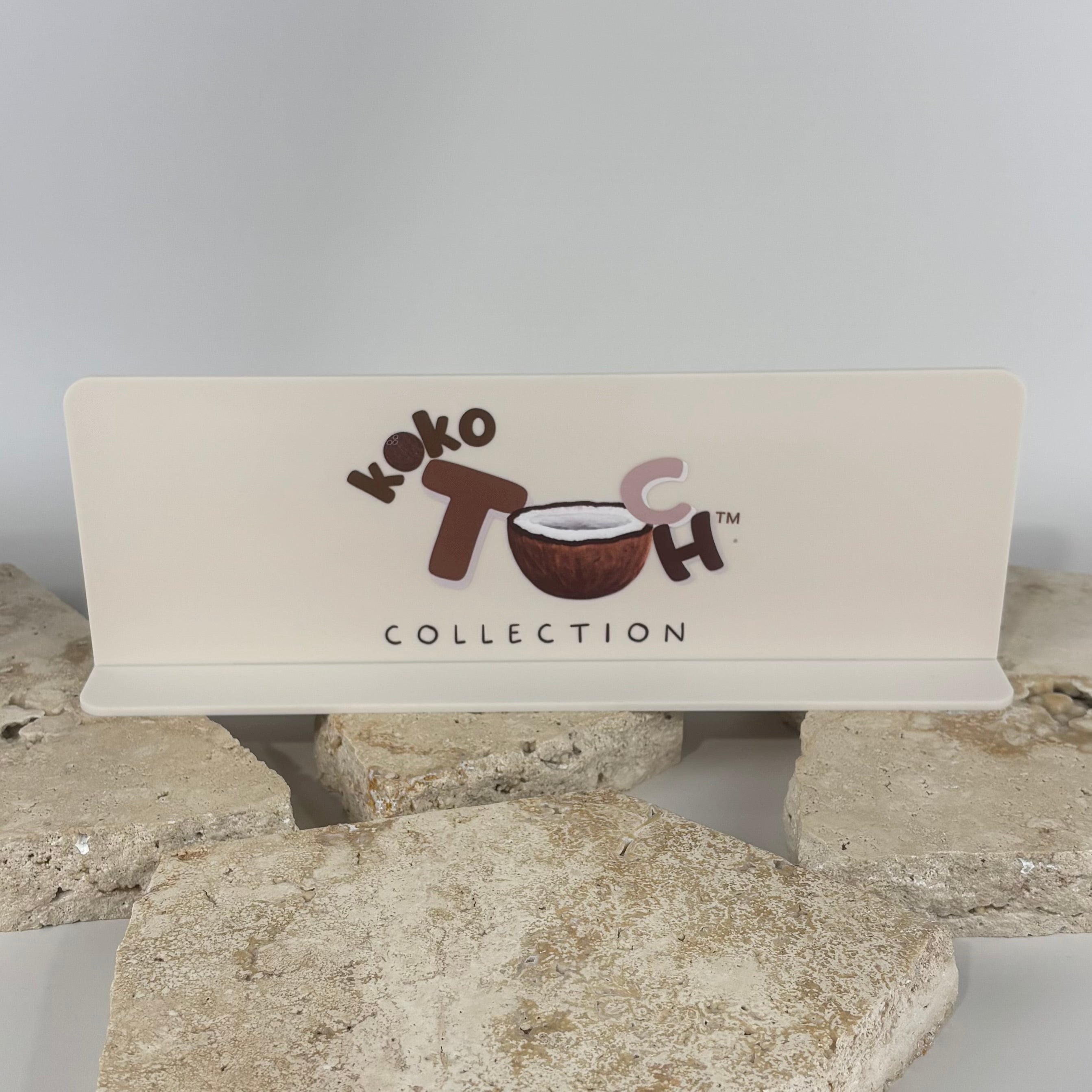 Custom white acrylic countertop sign stand with full colour printed business logo