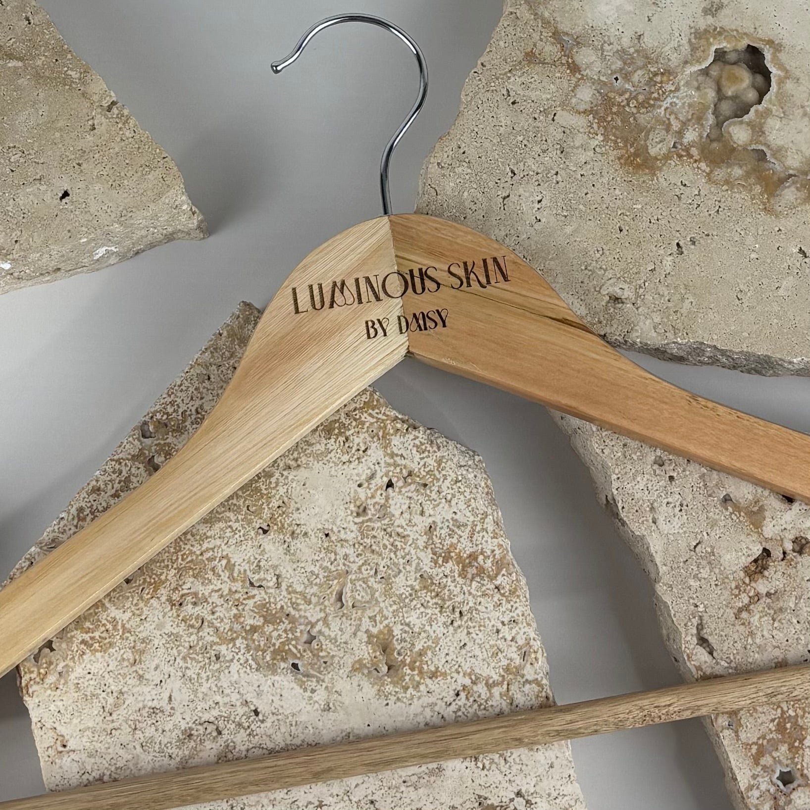 Custom engraved wooden coat hanger with logo, personalised business hanger for salons and boutiques, branded timber hanger for retail display, premium wooden clothing hanger Australia