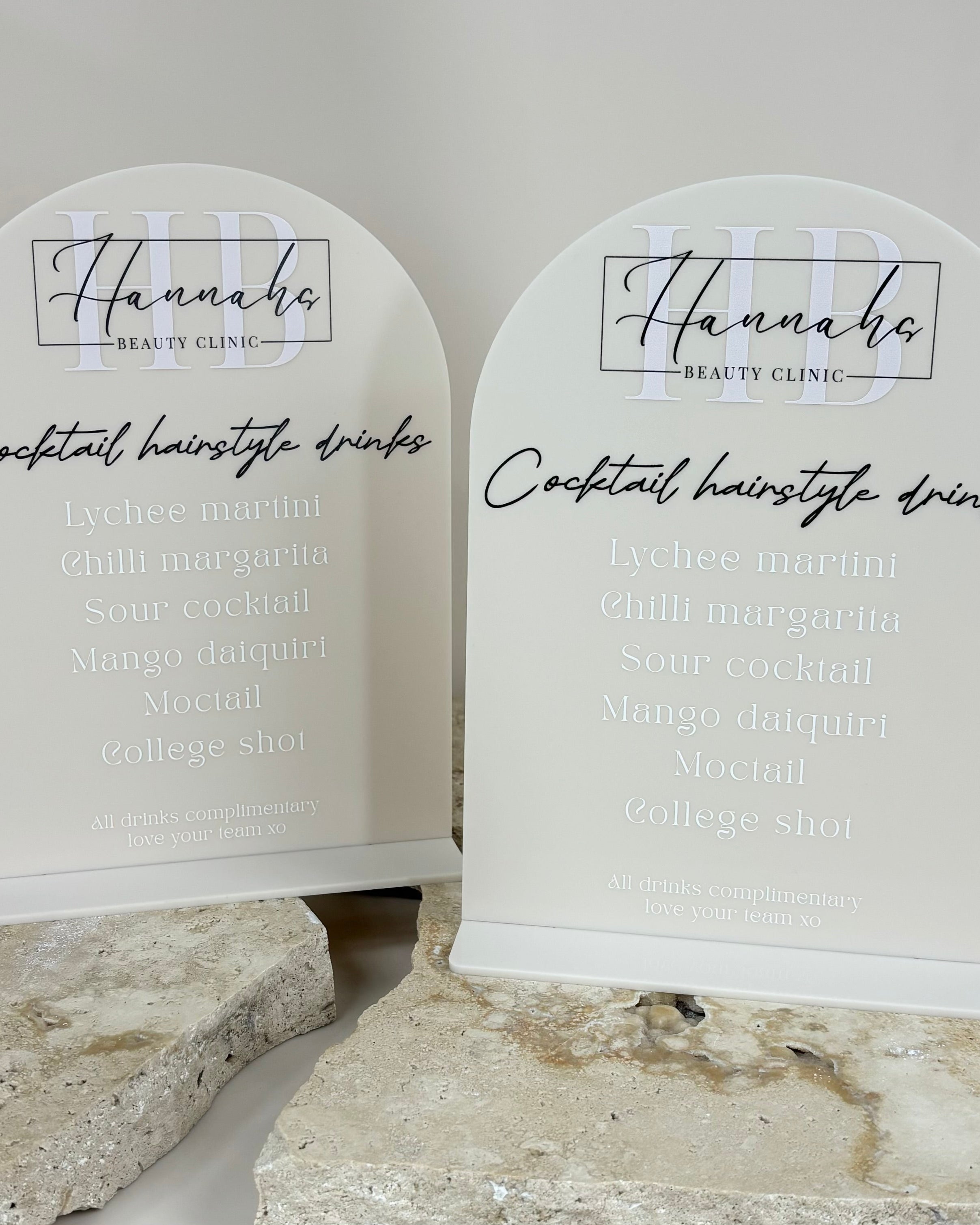 Matching acrylic drink signs with clean modern design for events or retail