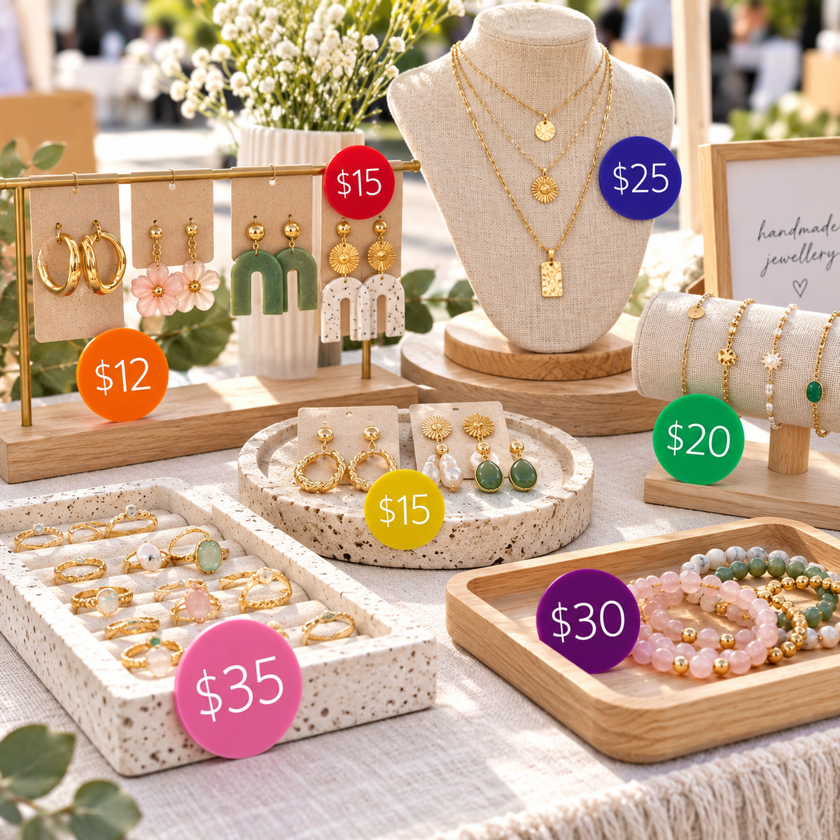 Colourful round acrylic price discs with white lettering, displayed alongside handmade earrings, necklaces, rings and bracelets at a jewellery market stall.