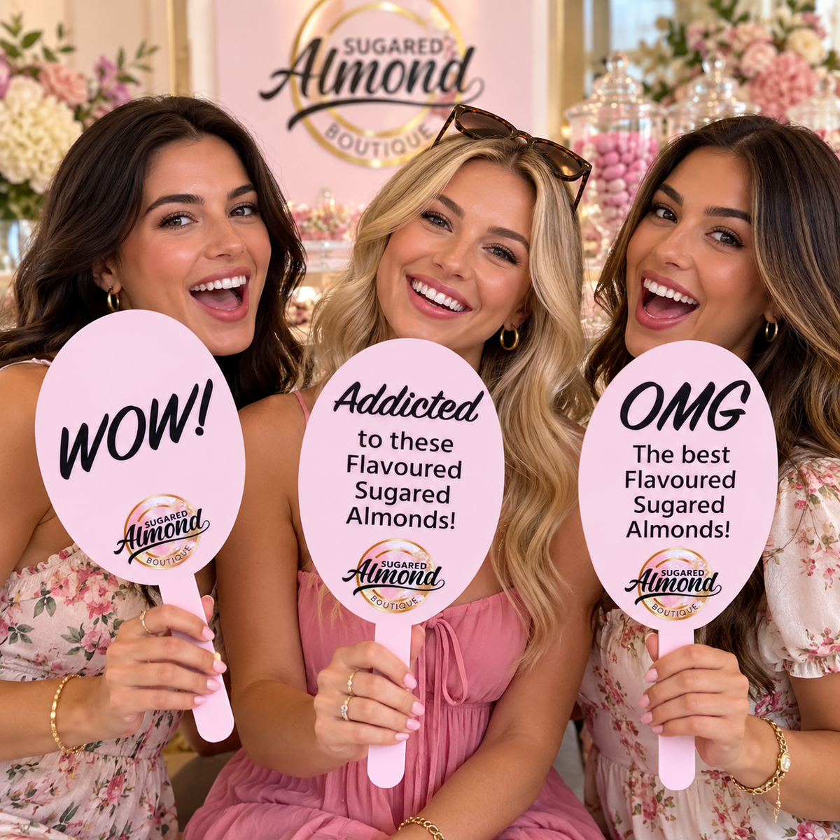 Three women holding personalised pink acrylic photo prop paddles featuring Sugared Almond Boutique branding and promotional messages at a pink-themed event.