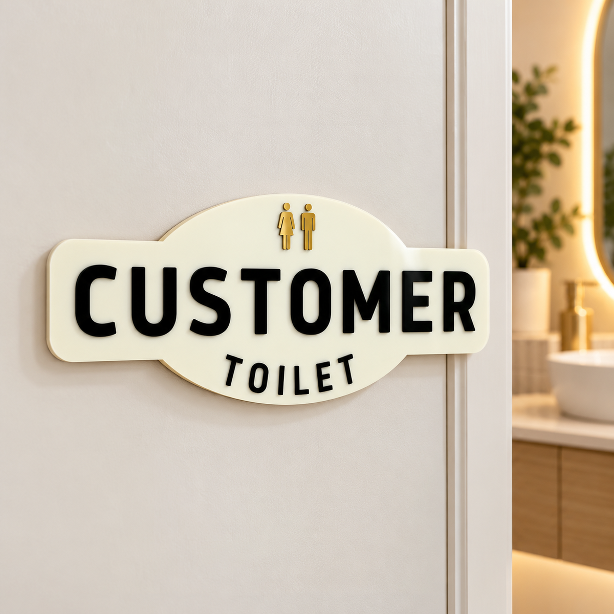 Custom cream acrylic customer toilet sign with raised black lettering and gold male and female icons, mounted outside a modern restroom.