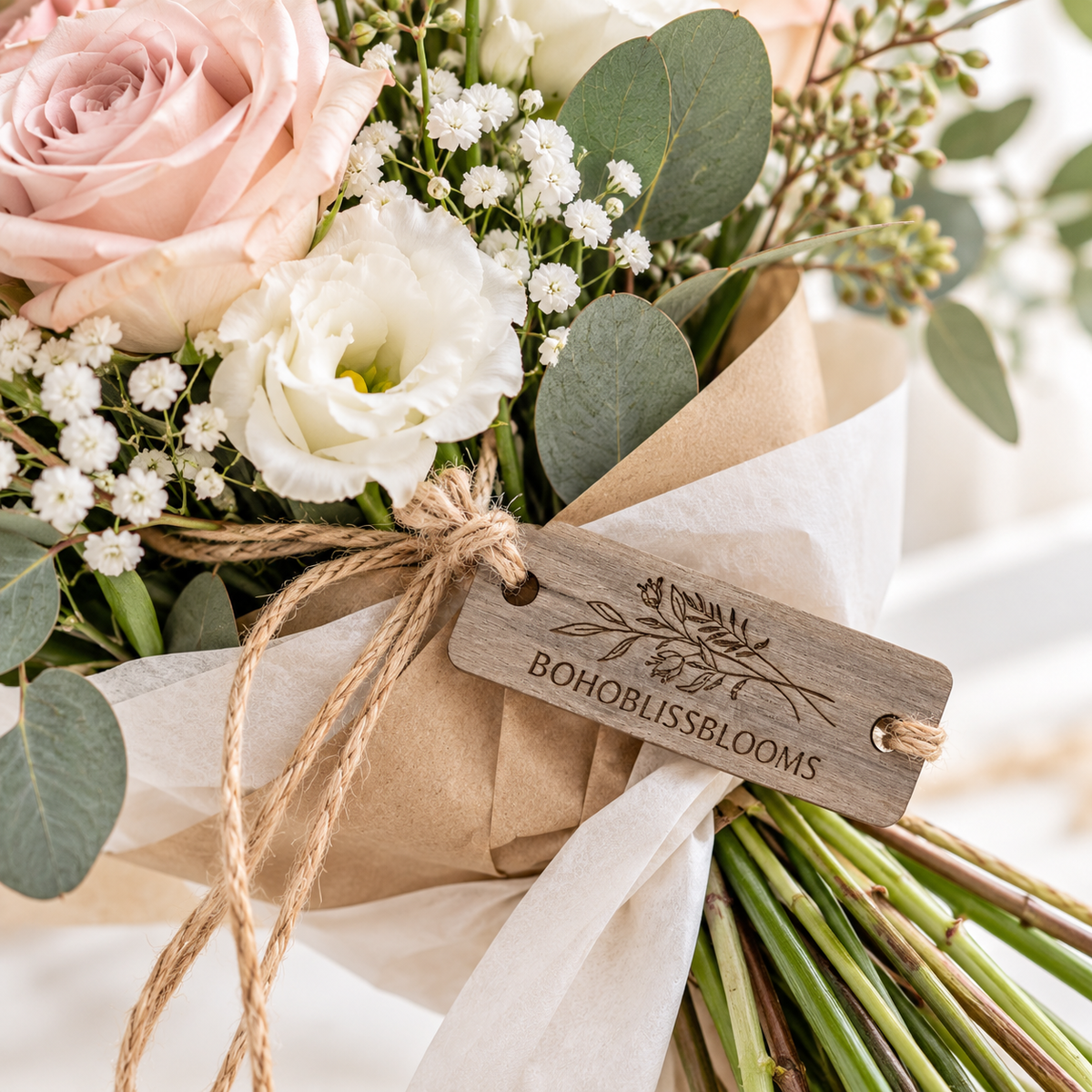 Custom rectangular wooden tag engraved with Bohoblissblooms branding and floral design, tied with natural twine to a bouquet of pink roses and white flowers.