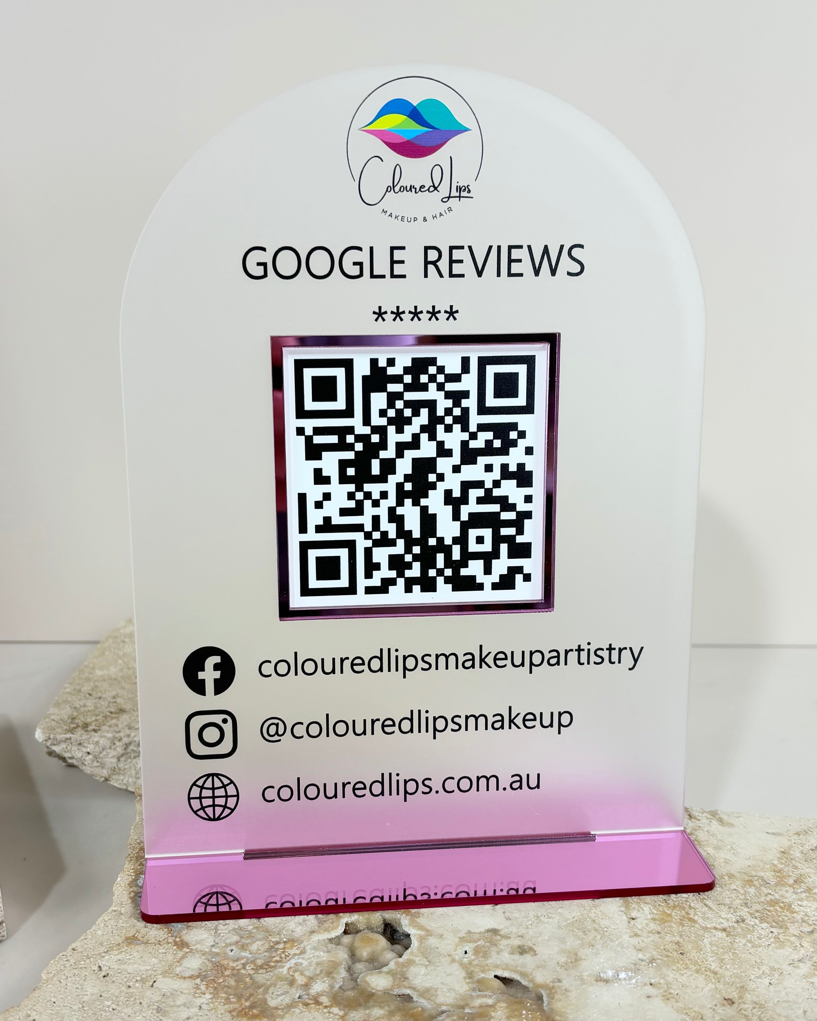 Frosted and purple Google review sign for dental or beauty businesses