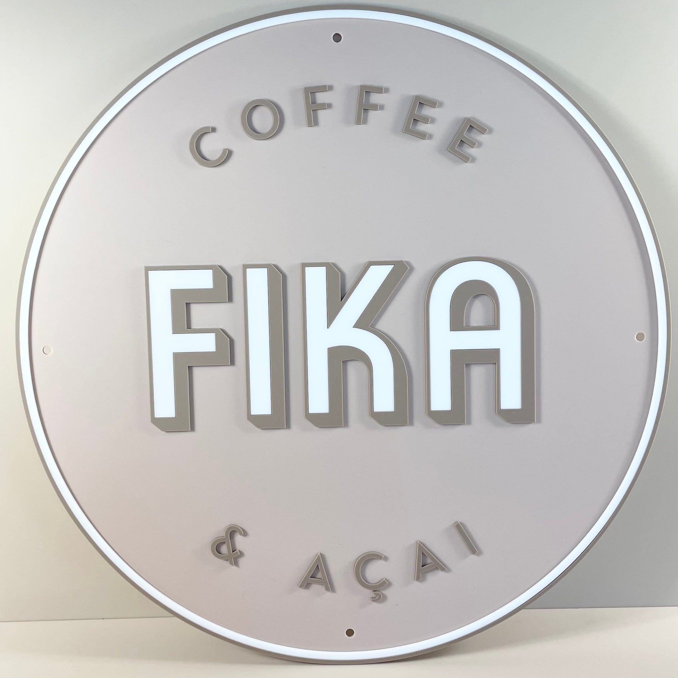 minimalist beige and white round logo sign. fika & acai