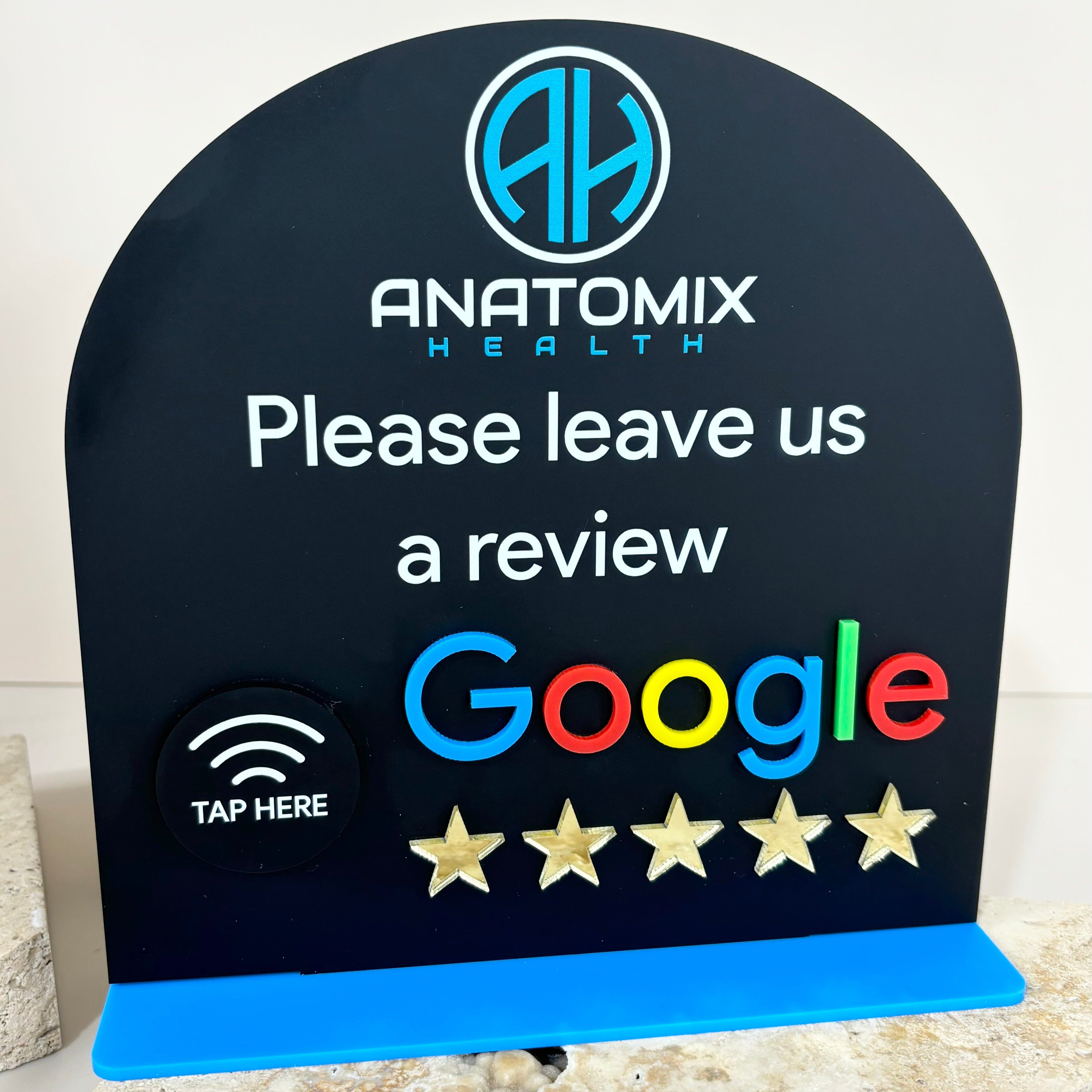 White NFC review sign with gold stars – custom Google tap sign for service businesses in Australia