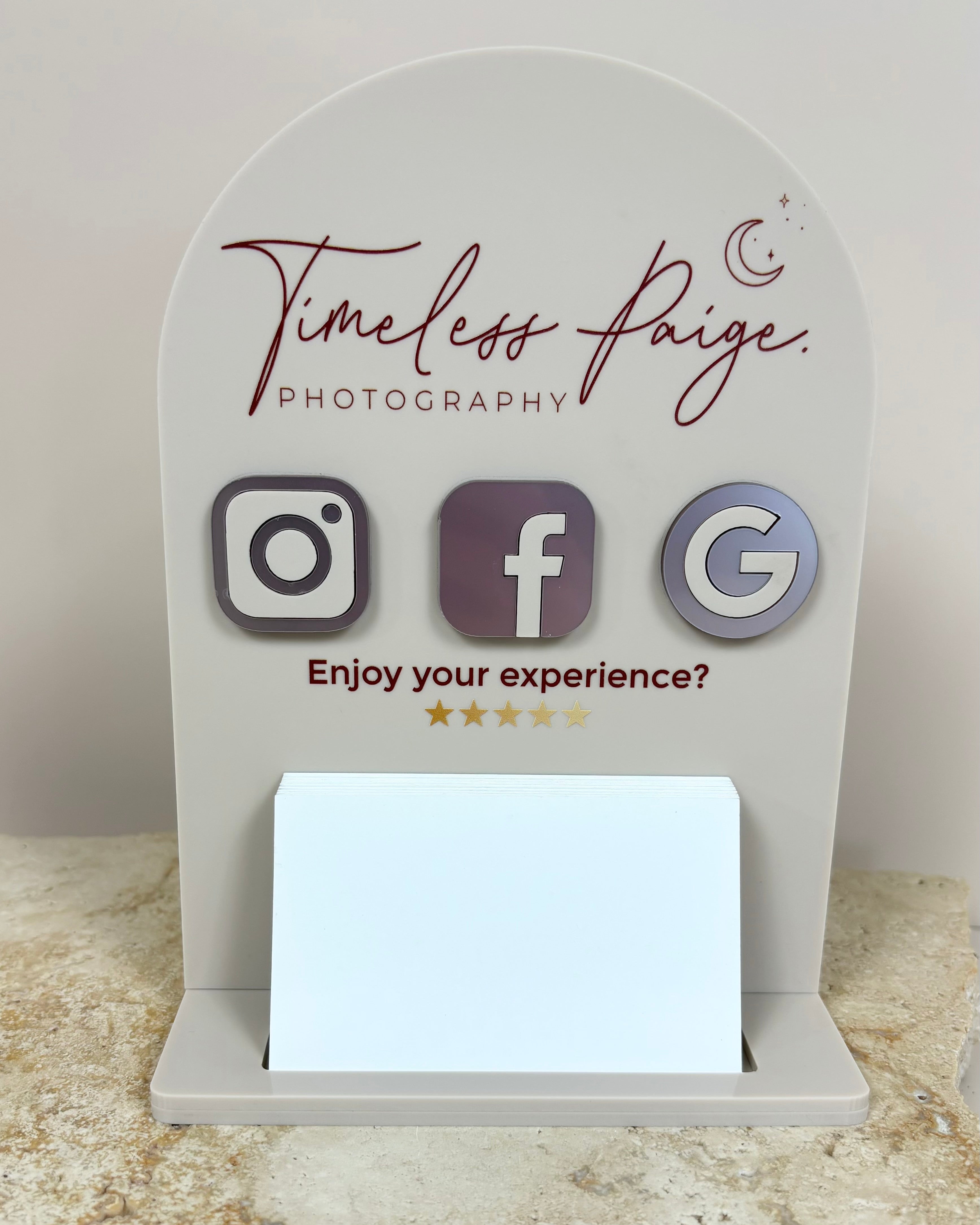 Custom NFC card holder with Timeless Paige Photography branding, featuring Instagram and Facebook icons.