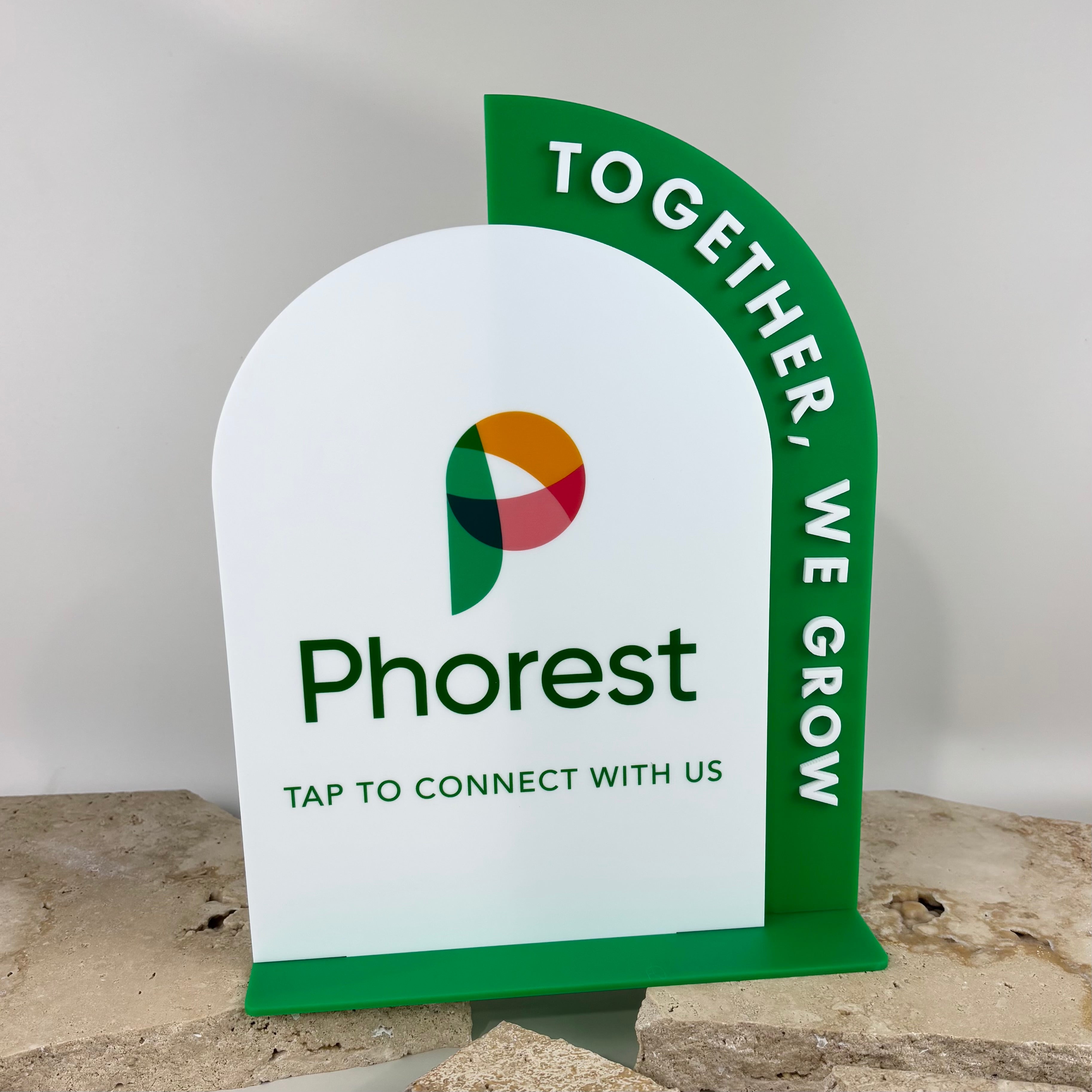 Custom NFC business stand with tap to connect feature, acrylic social media display stand with raised lettering, branded counter signage for salons and retail, contactless marketing display for customer engagement Australia