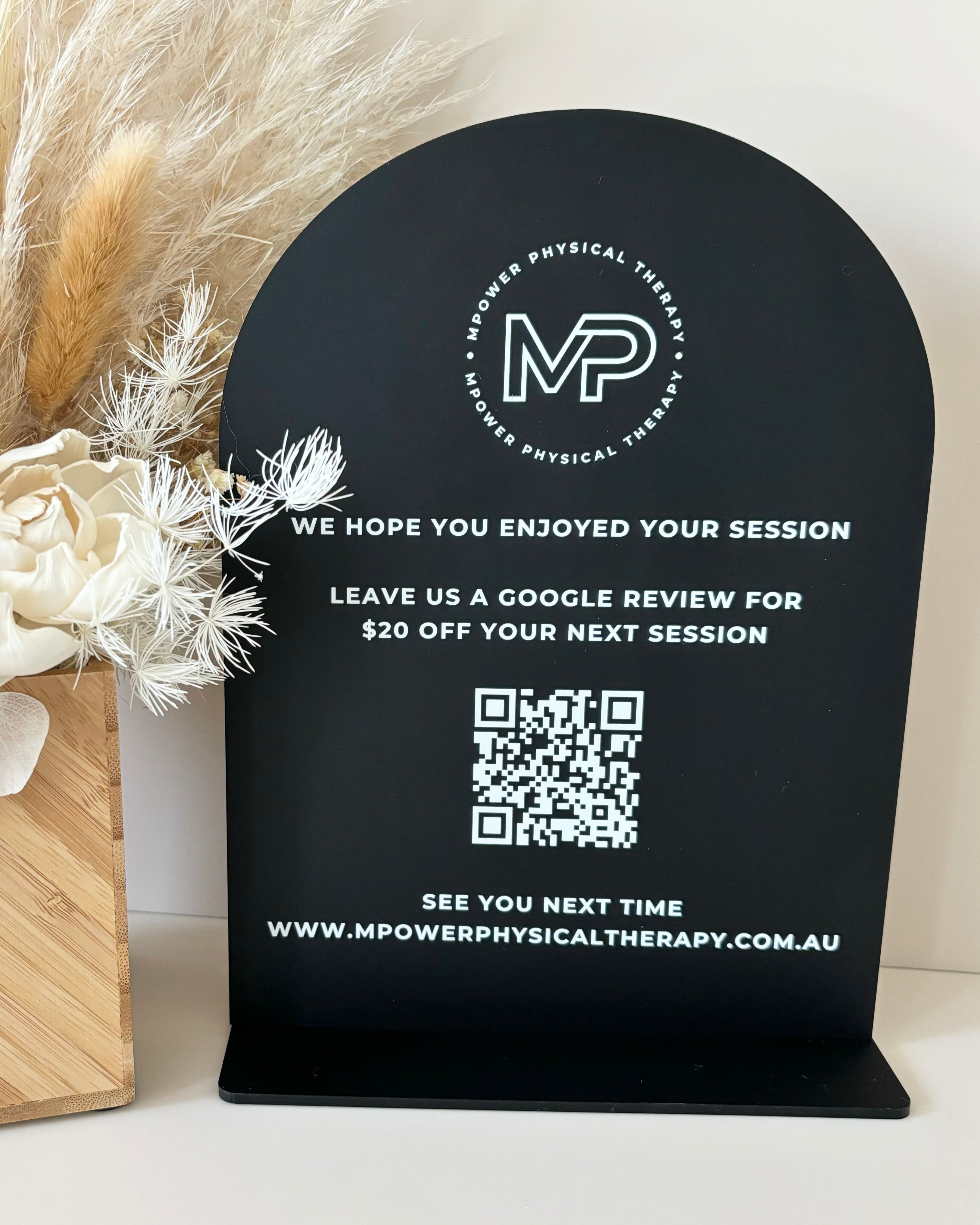 Black QR code acrylic sign with white engraving for practice or business