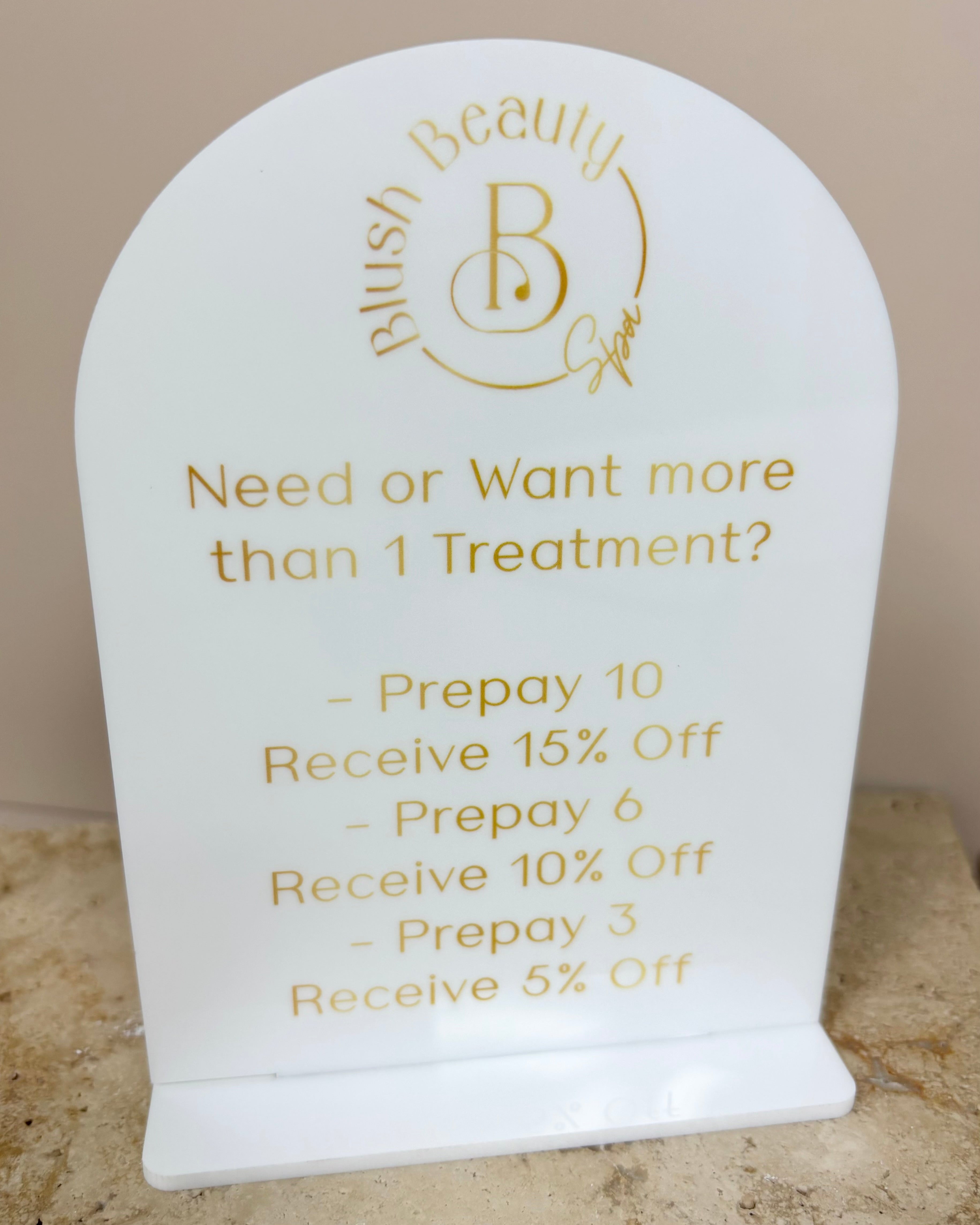 White treatment discount mini acrylic sign with gold text