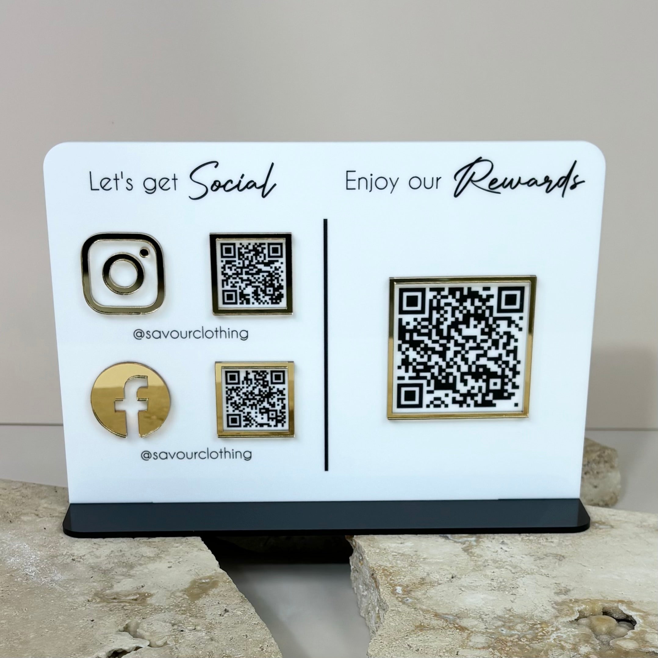 Branded acrylic social stand with QR codes and icons for rewards program and Instagram