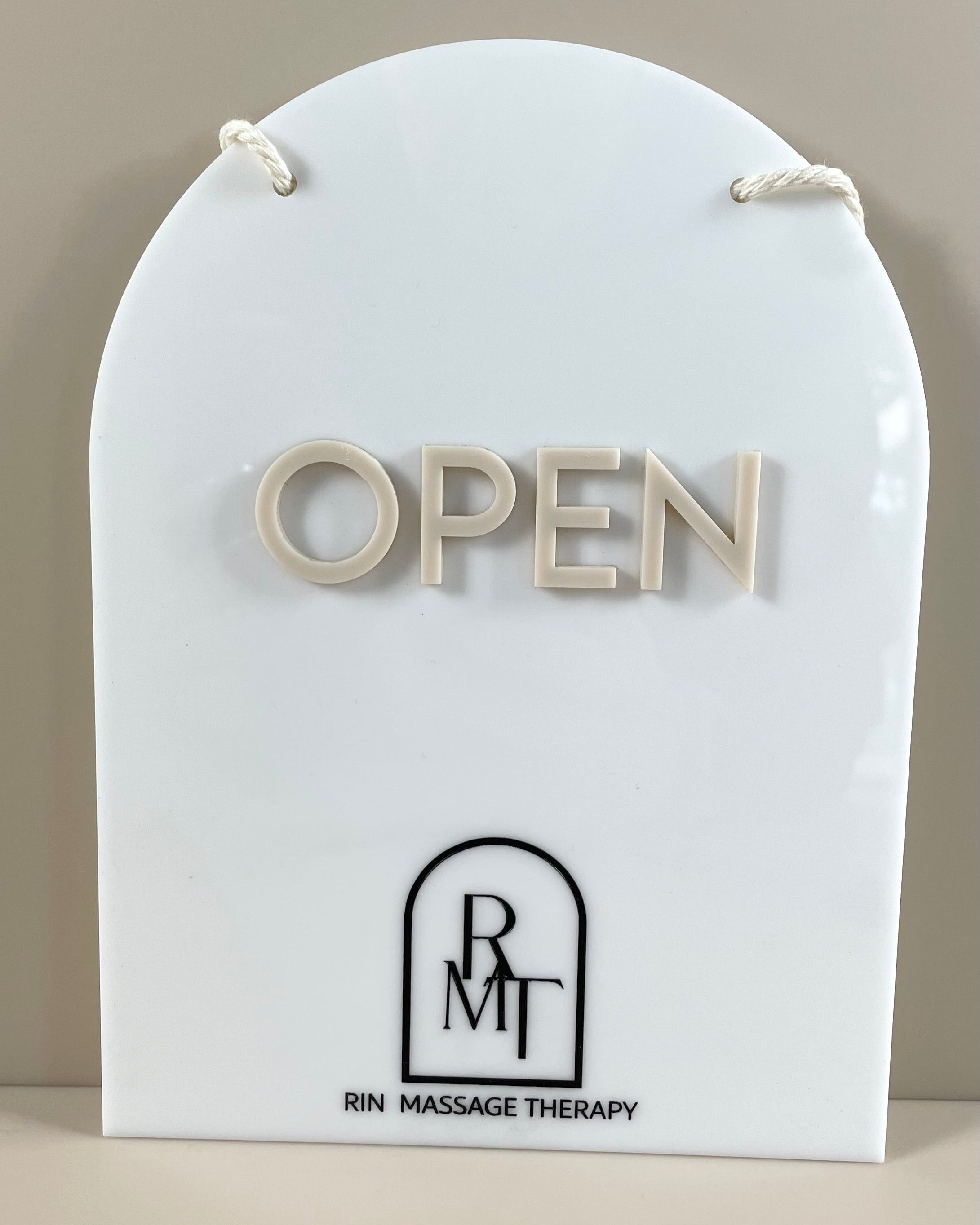 Arched white acrylic open sign with custom logo – professional shopfront sign