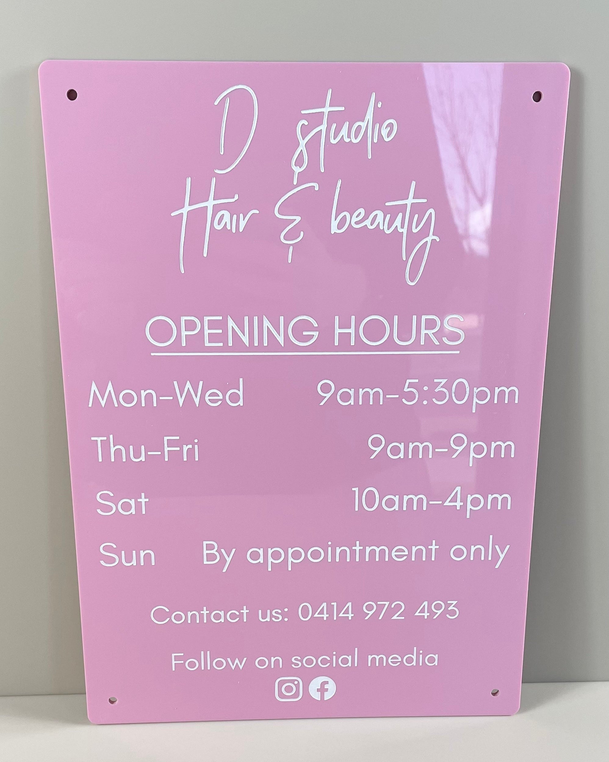 Pink acrylic opening hours sign, custom salon and beauty business trading hours sign